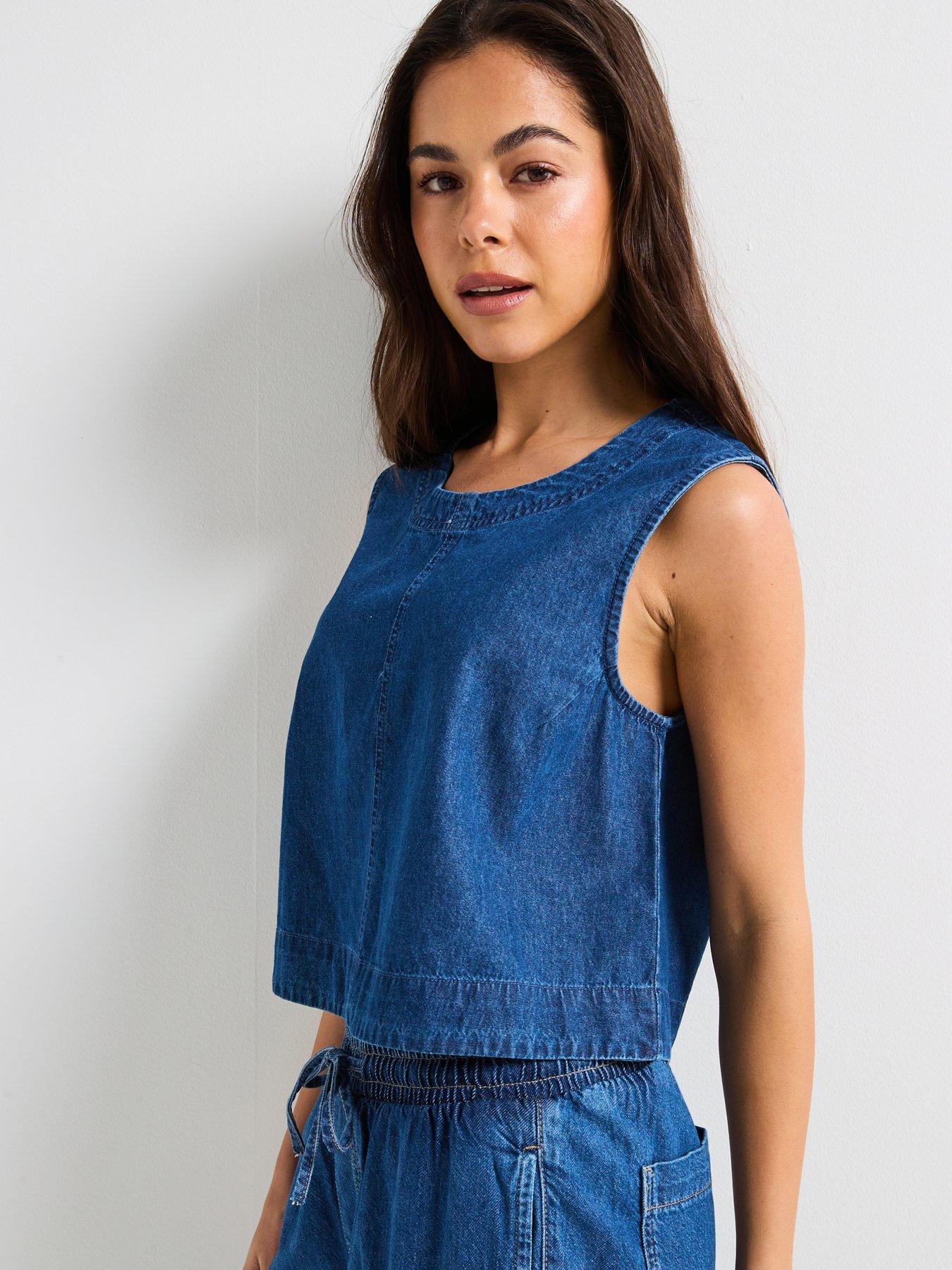 PIECES Round Neck Denim Top - Blue