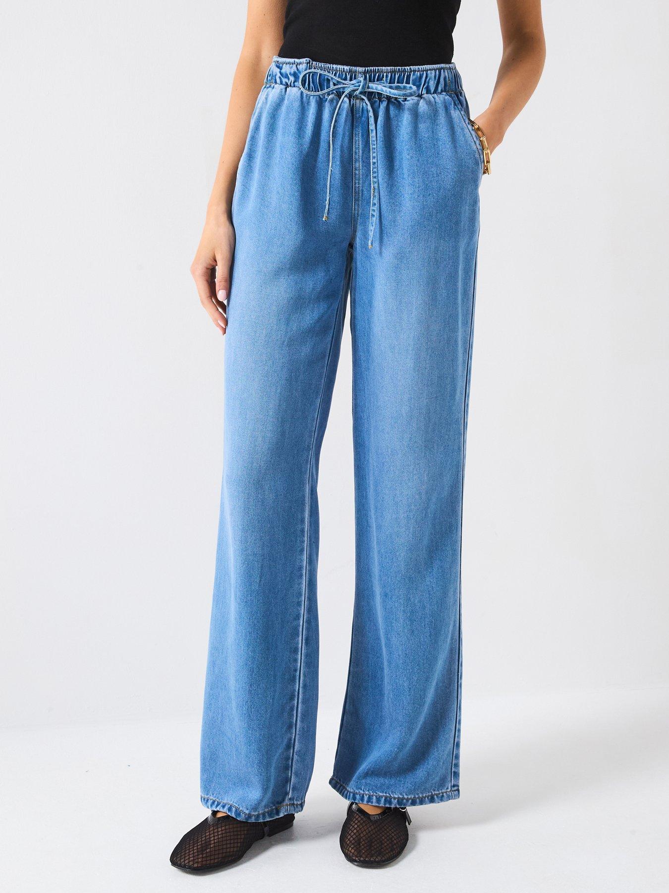 Image of Only High Rise Tie Waist Jeans - Blue
