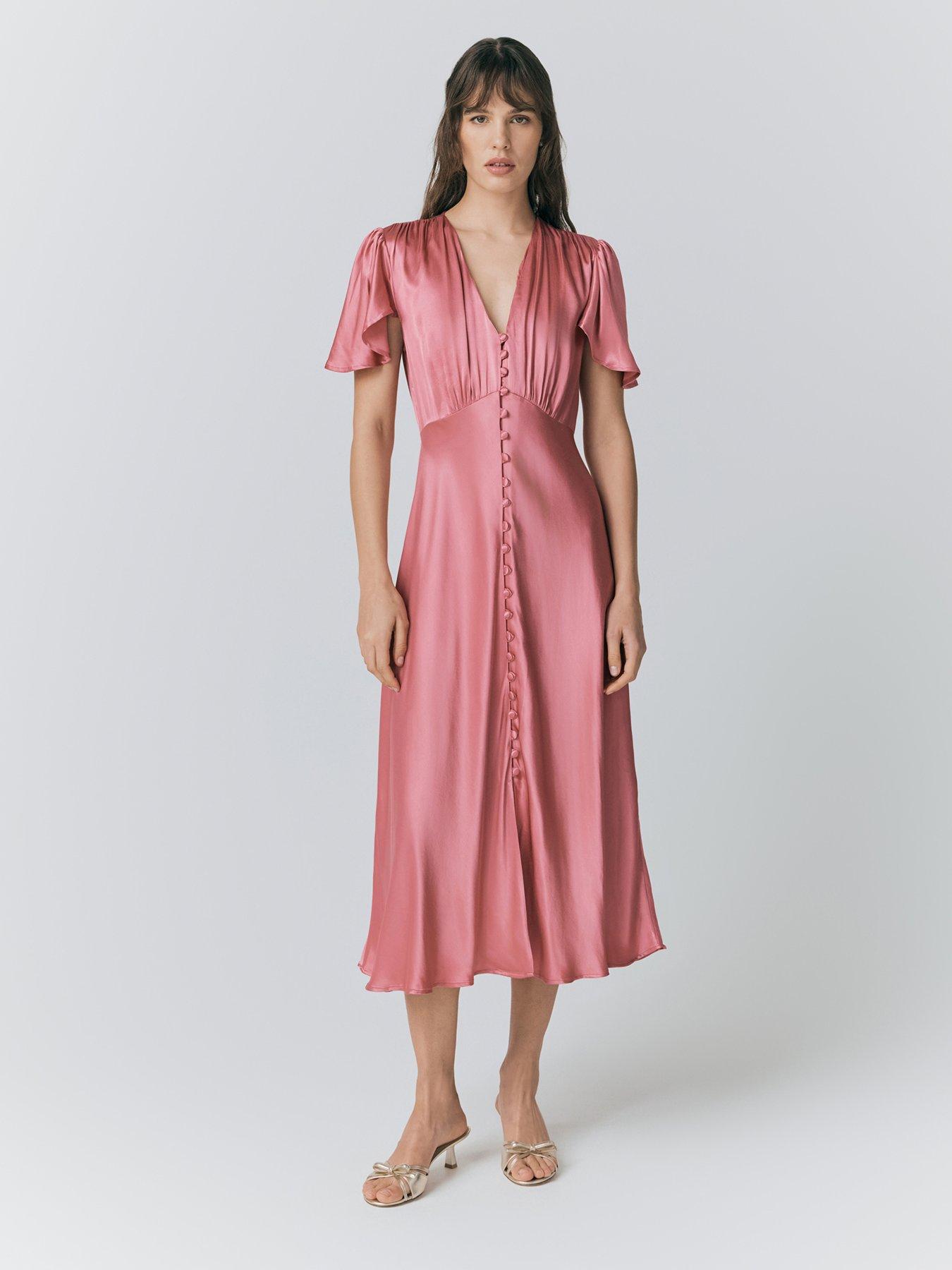 Ghost Grace Satin Button V-Neck Dress - Rose