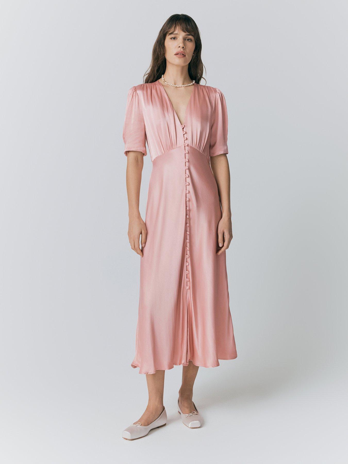 Ghost Madison Satin Button Through Dress - Light Pink