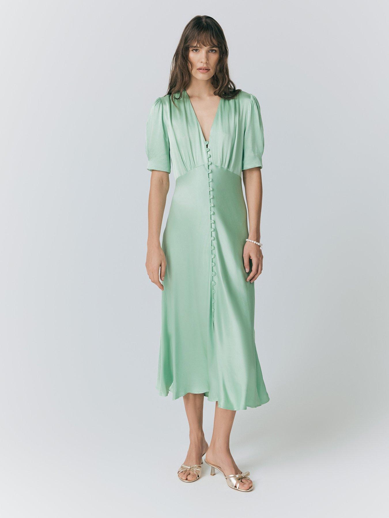 Ghost Madison Satin Button Through Dress - Mint Green