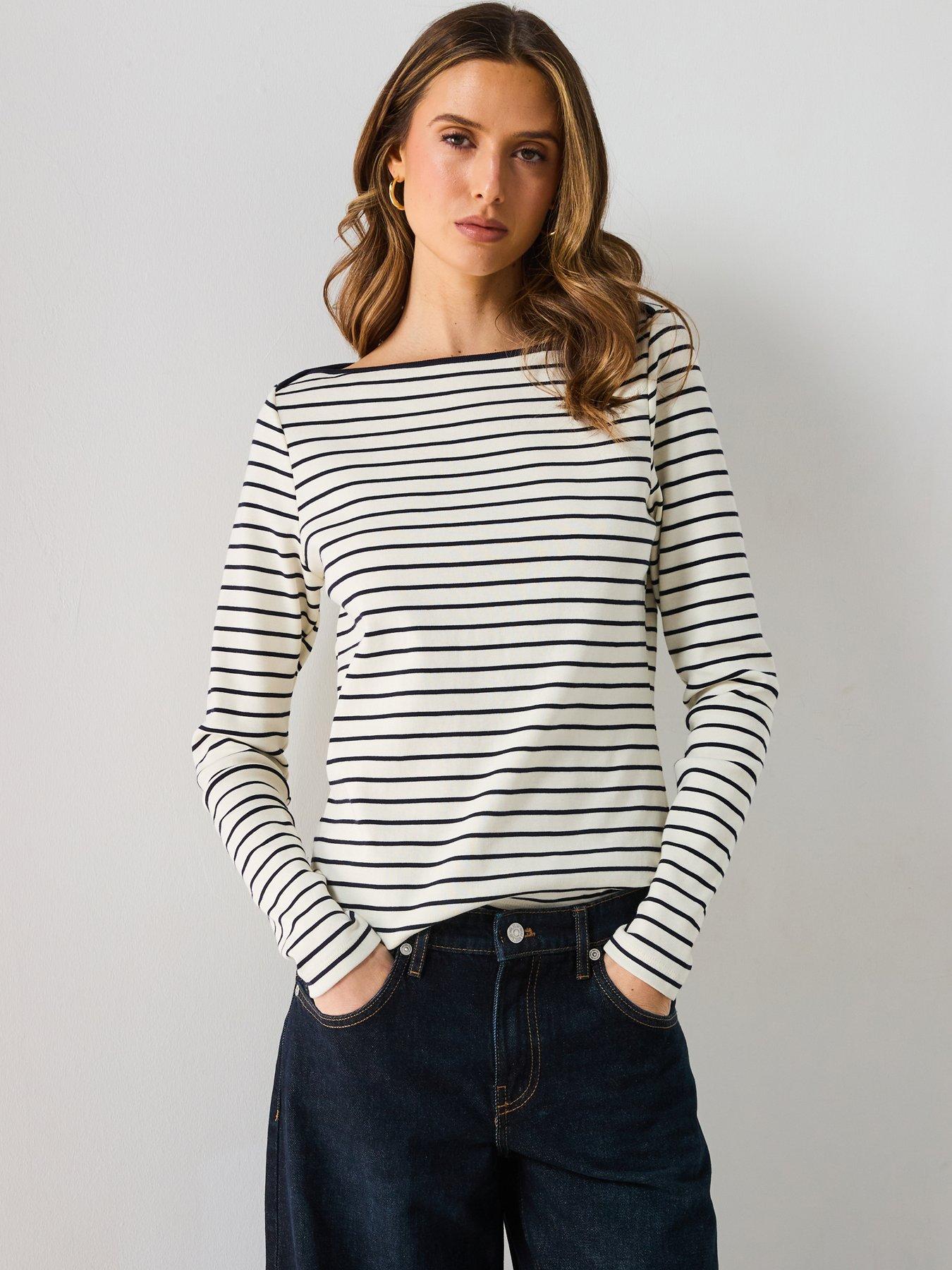 Image 1 of 6 of Mango Striped Boat Neck T-Shirt - White
