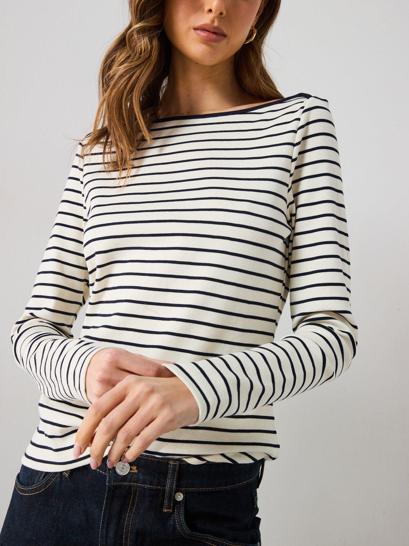 Image 4 of 6 of Mango Striped Boat Neck T-Shirt - White