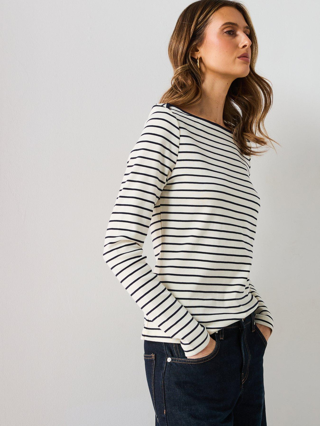 Image 5 of 6 of Mango Striped Boat Neck T-Shirt - White