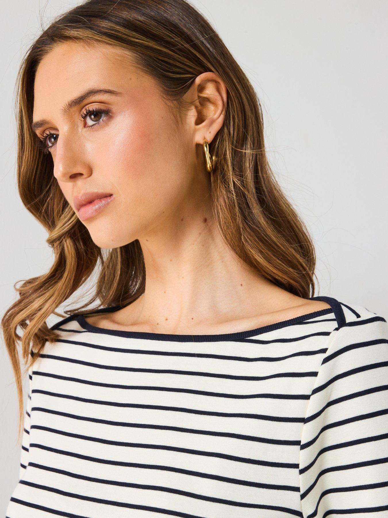 Image 6 of 6 of Mango Striped Boat Neck T-Shirt - White