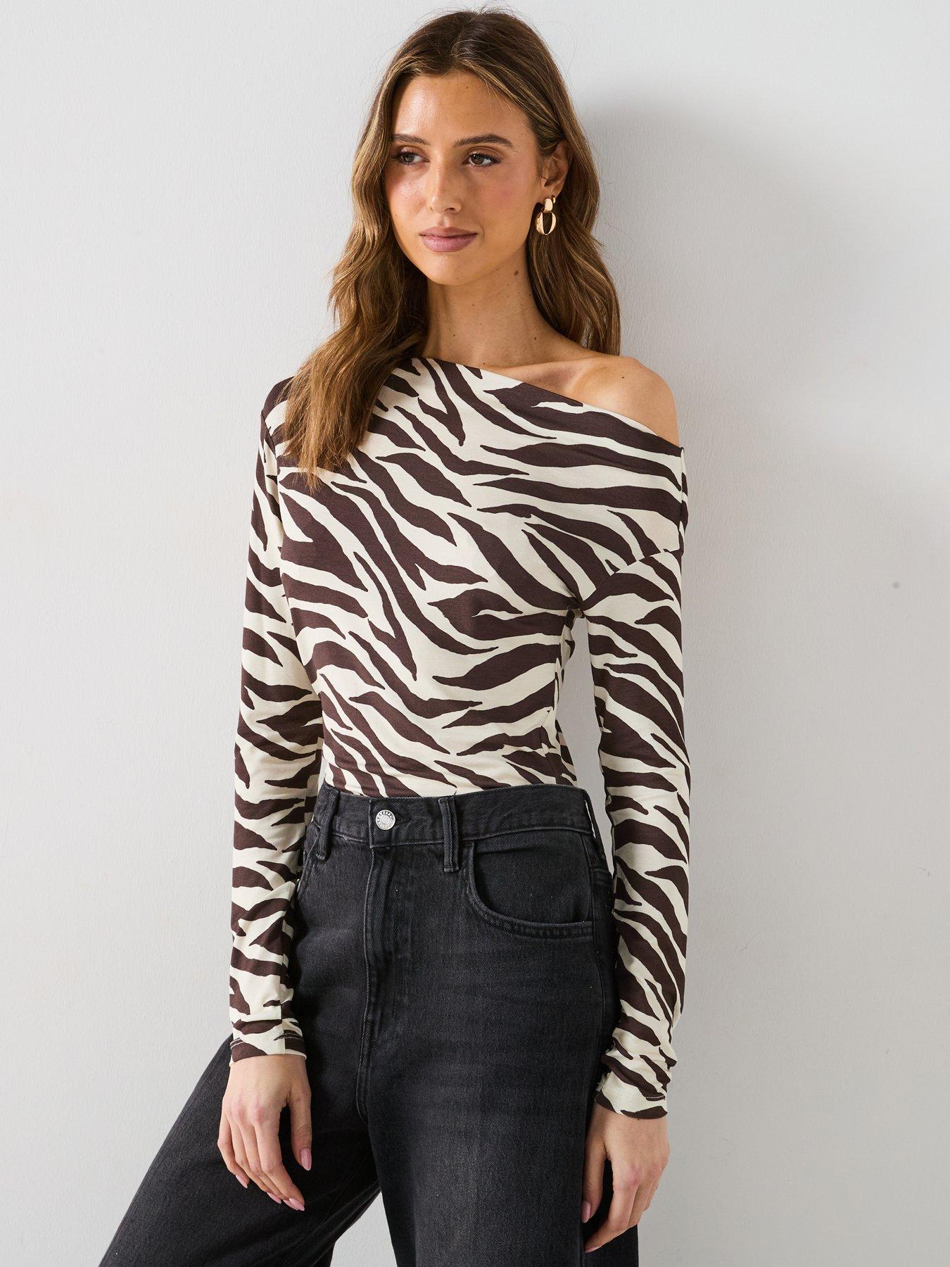 Image 1 of 6 of Mango Zebra Print Asymmetrical Neck T Shirt