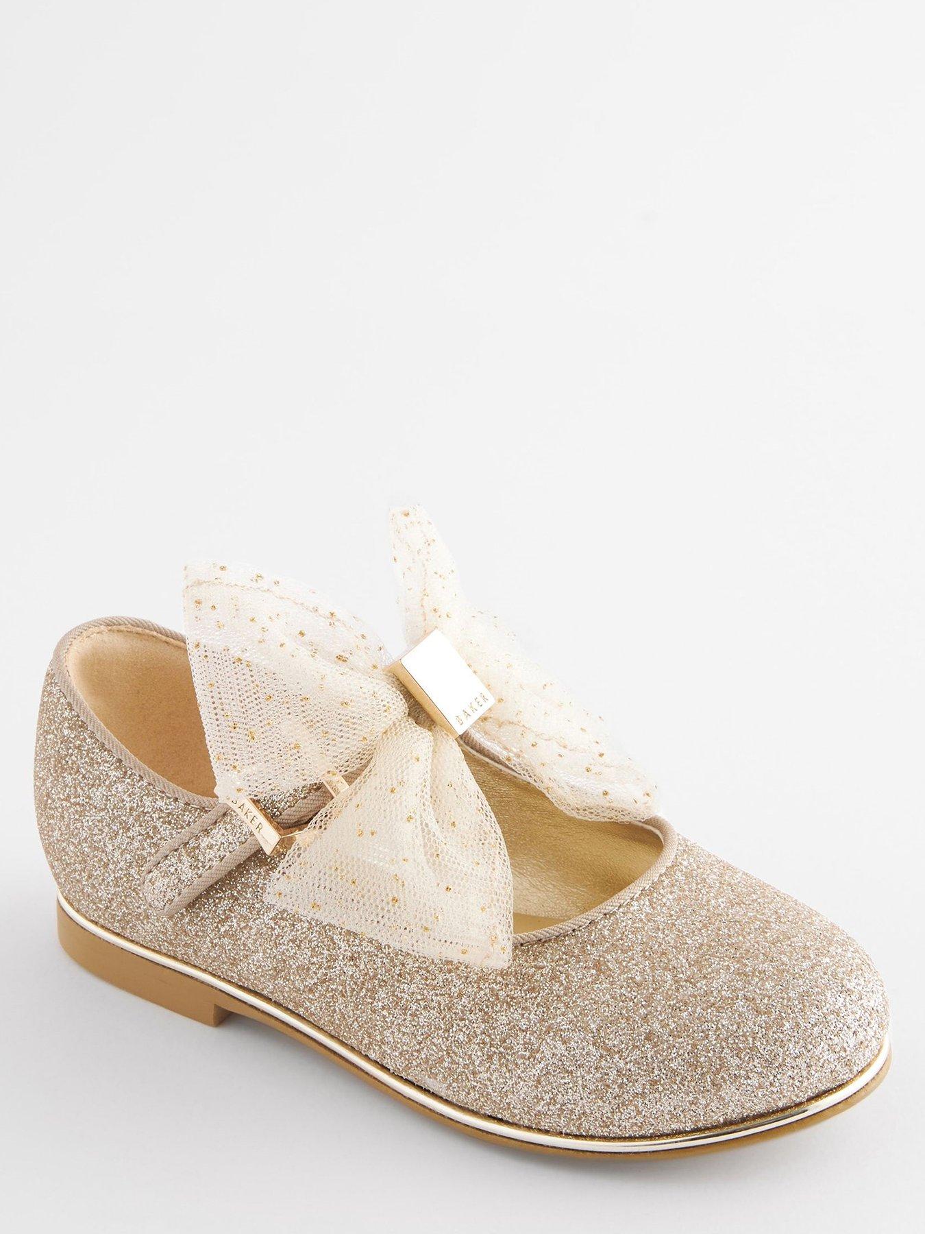 Image 4 of 4 of Ted Baker Glitter Shoes With Bow - Gold