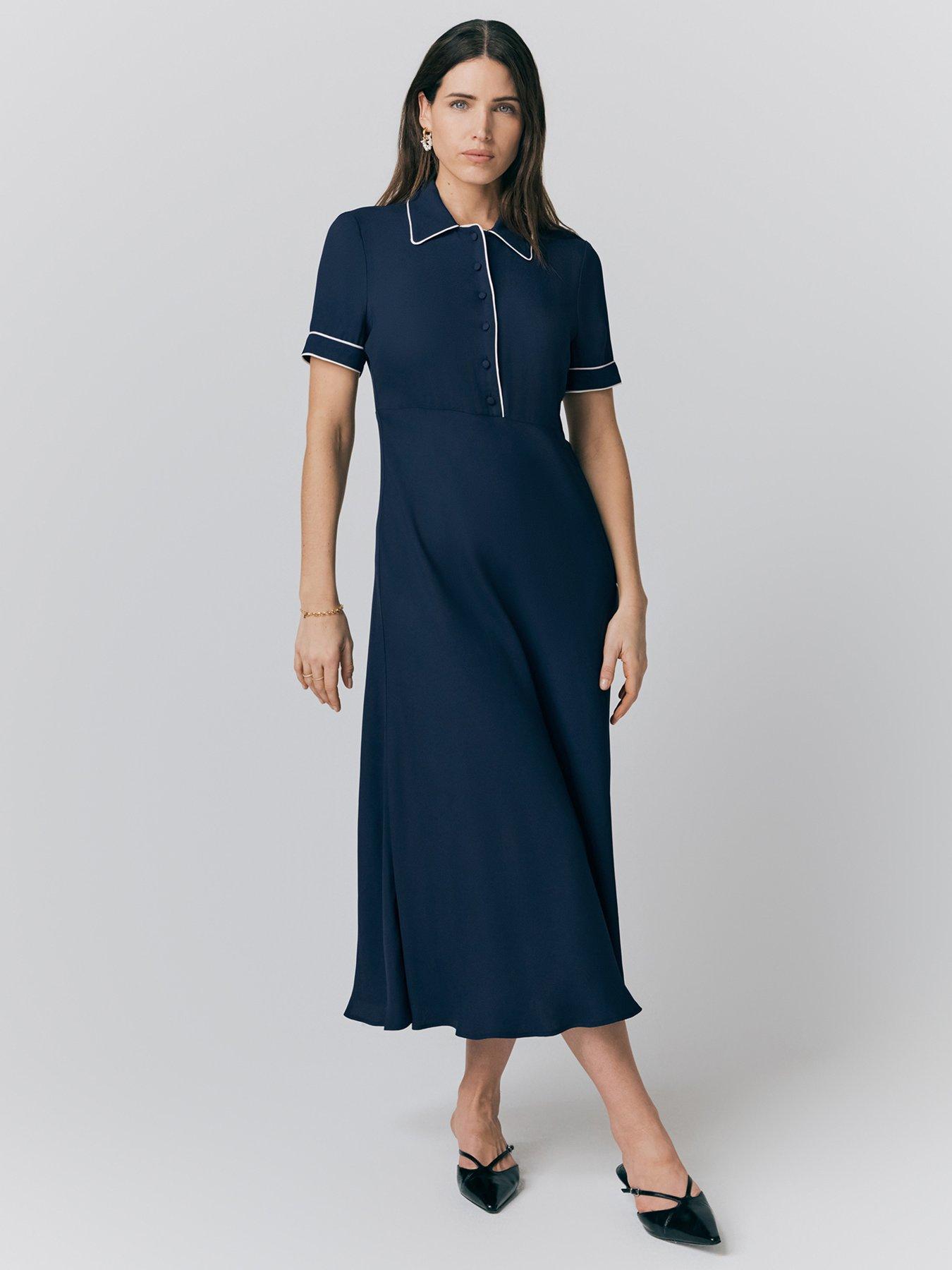 Ghost Sophia Crepe Collared Midi Shirt Dress - Navy