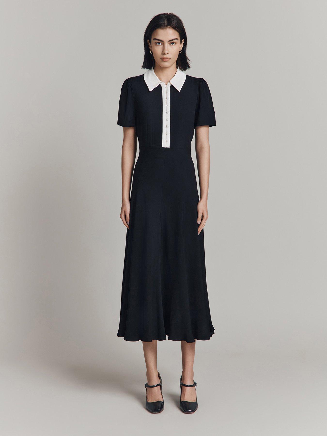 undefined Bethan Satin Contrast Collar Midi Dress - Black
