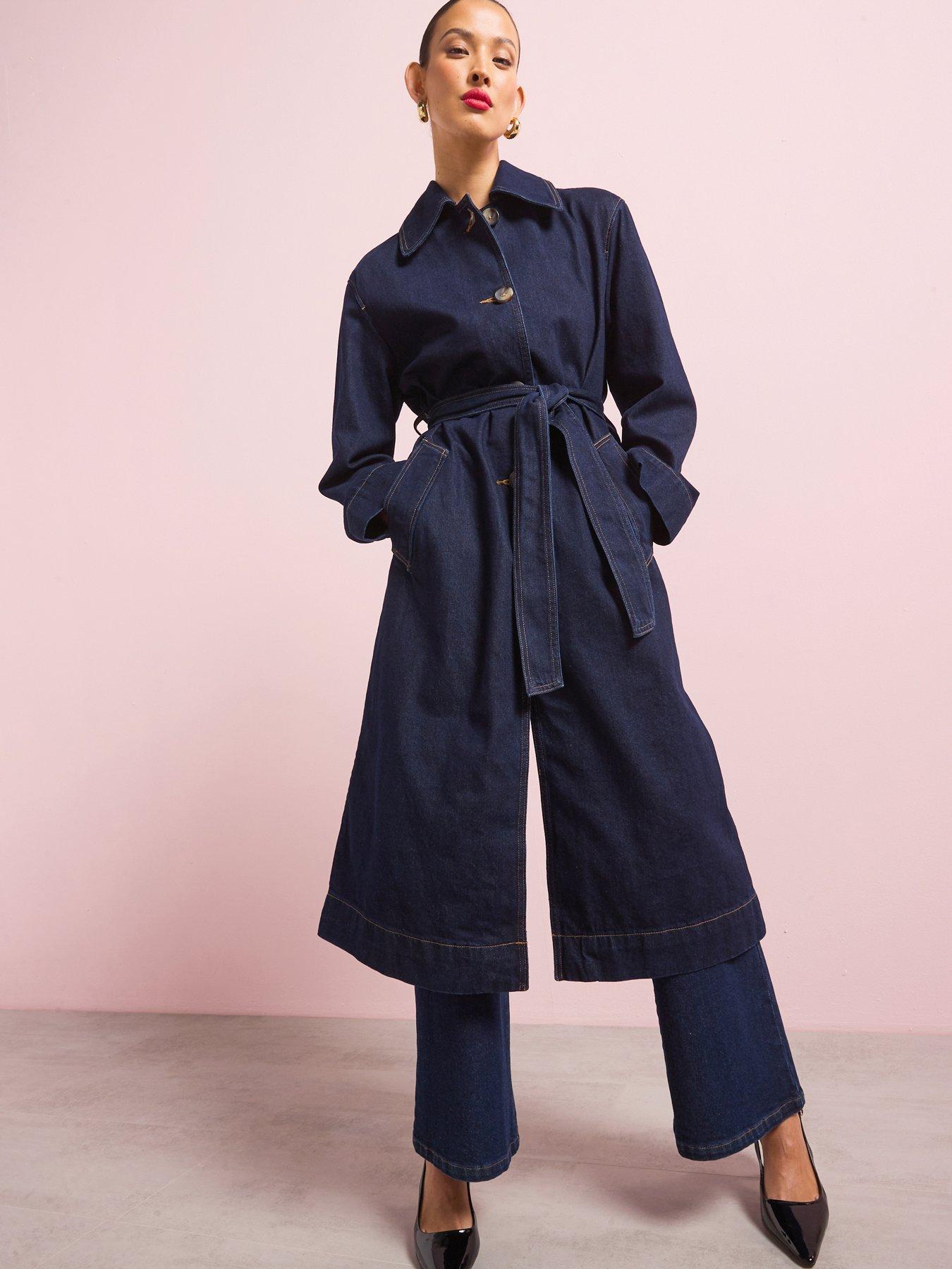 Image of Mango Long Rinse Wash Denim Trench Coat  - Dark Blue