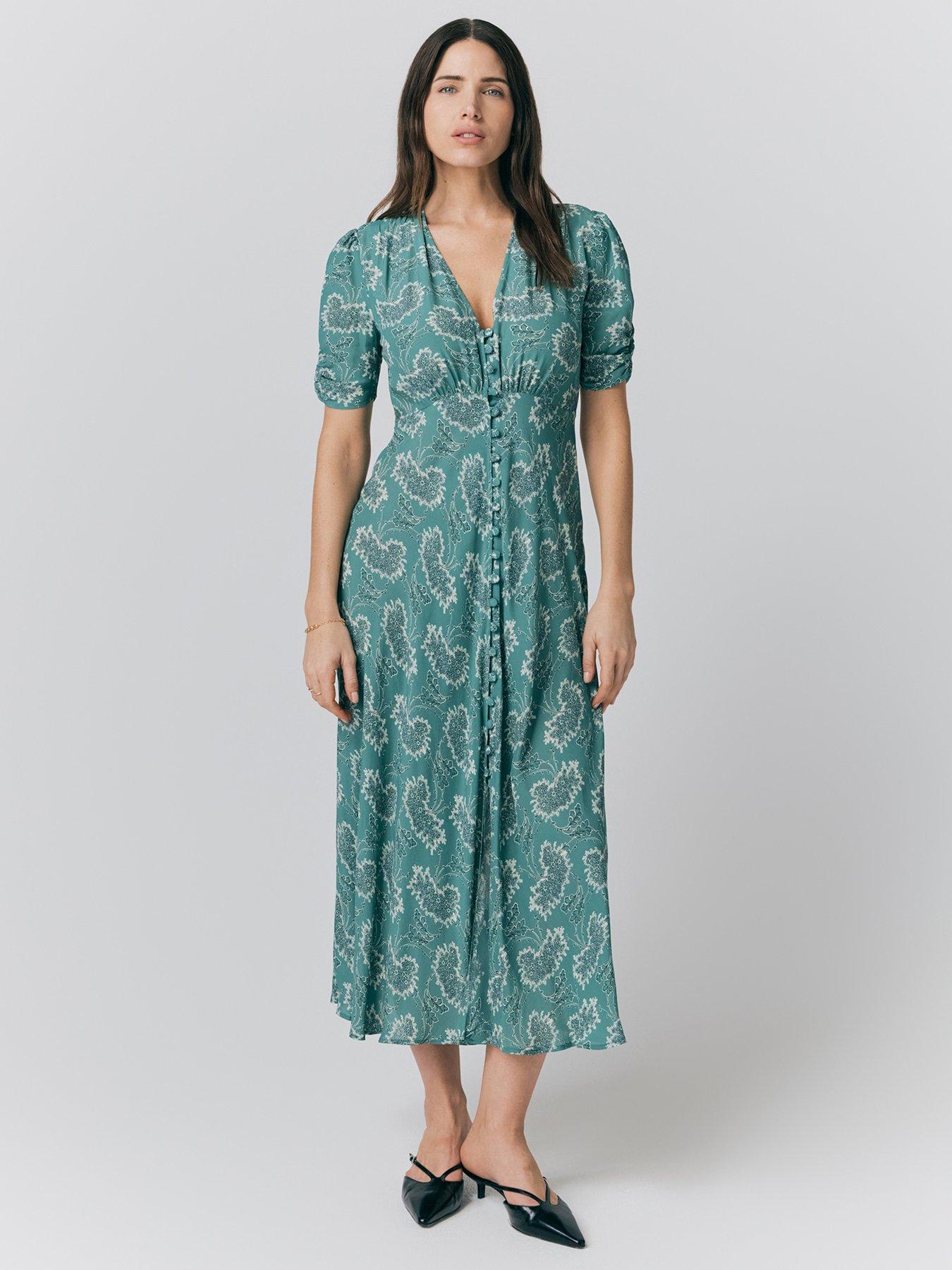 Ghost Flo Floral Midi Tea Dress - Green Floral