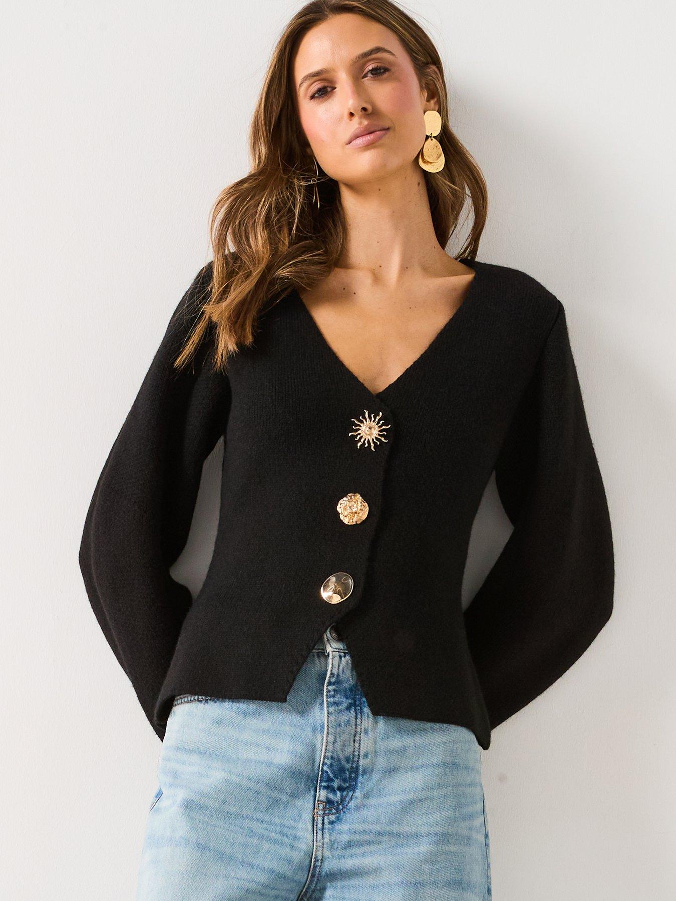 mango-button-detail-cardigan-black