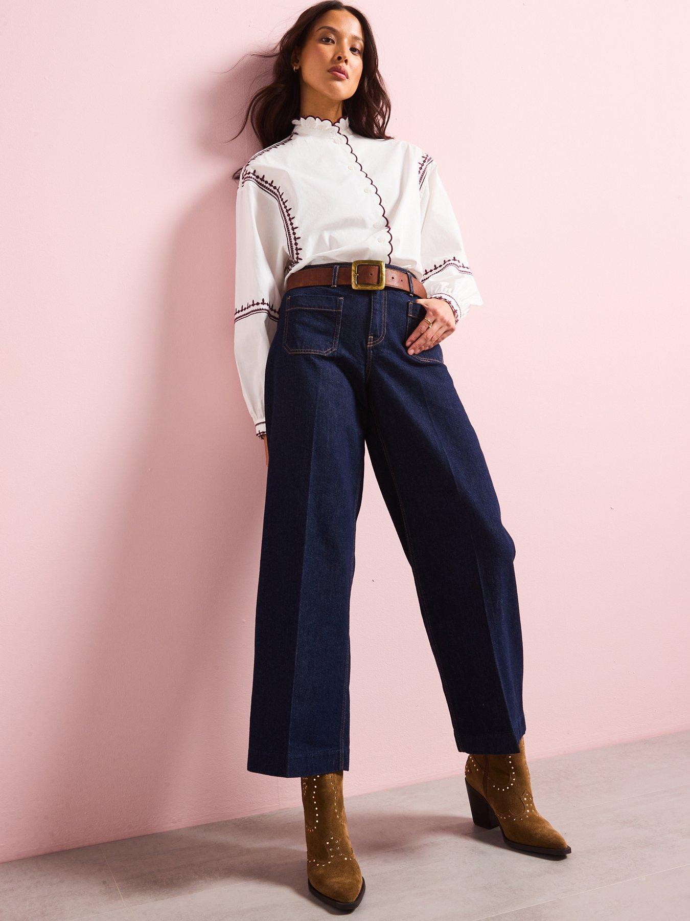 Image 1 of 6 of Mango Wide Leg Jeans With Pockets - Dark Wash
