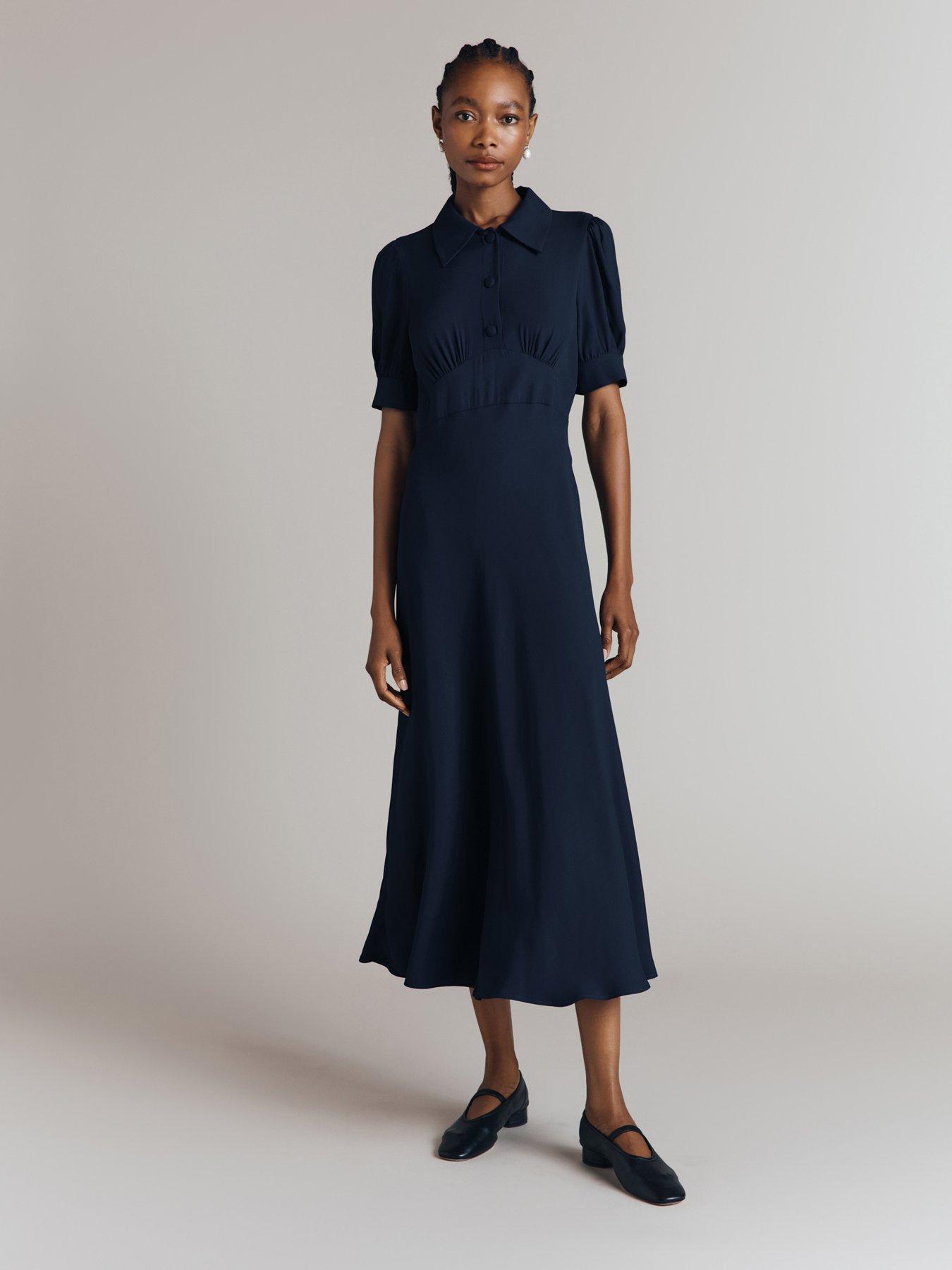 Image 1 of 2 of Ghost Wilma Crepe Midi Tea Dress - Navy
