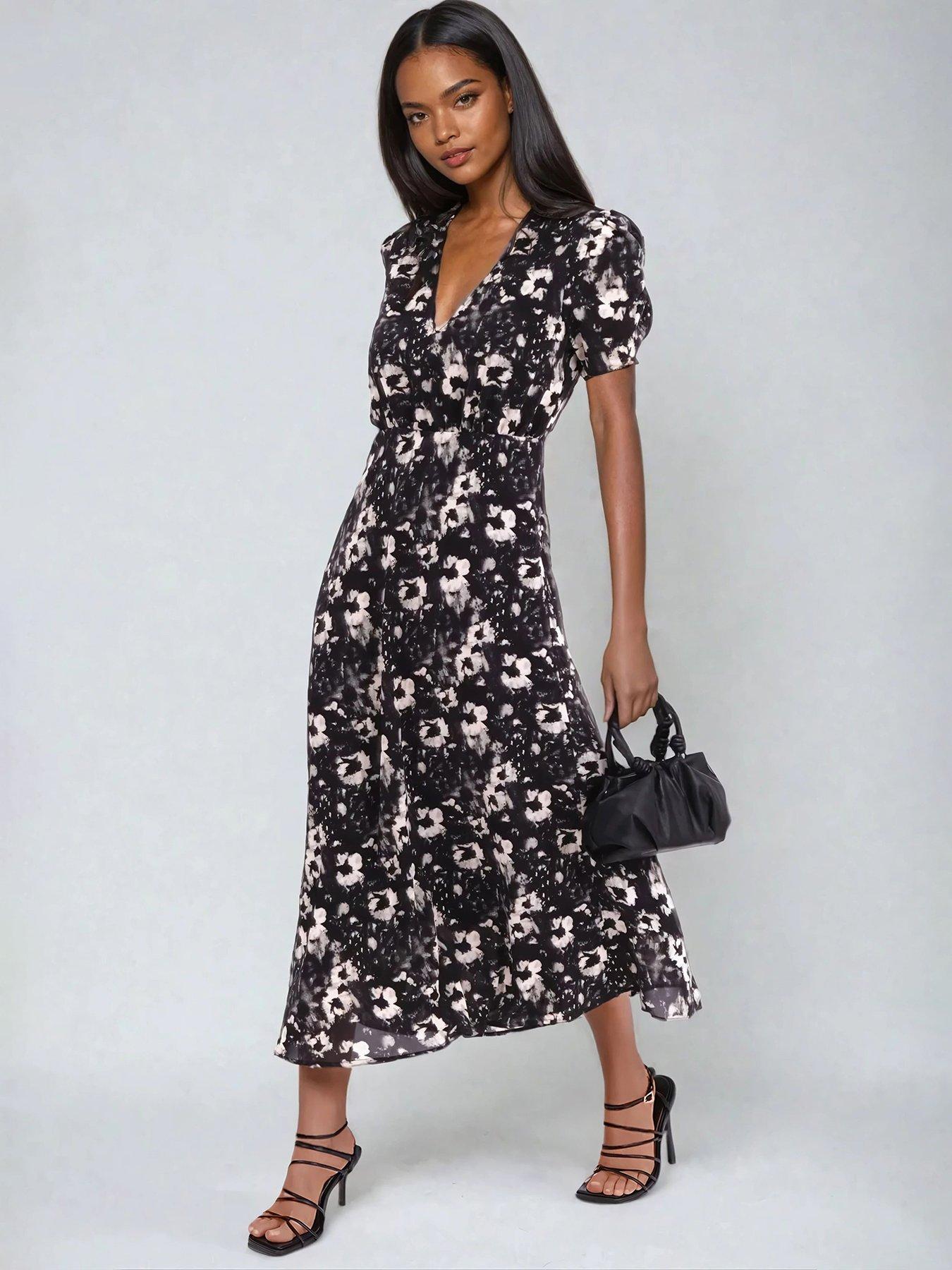 Image 1 of 6 of Religion Isabel Tea Dress In Dark Floral - Black
