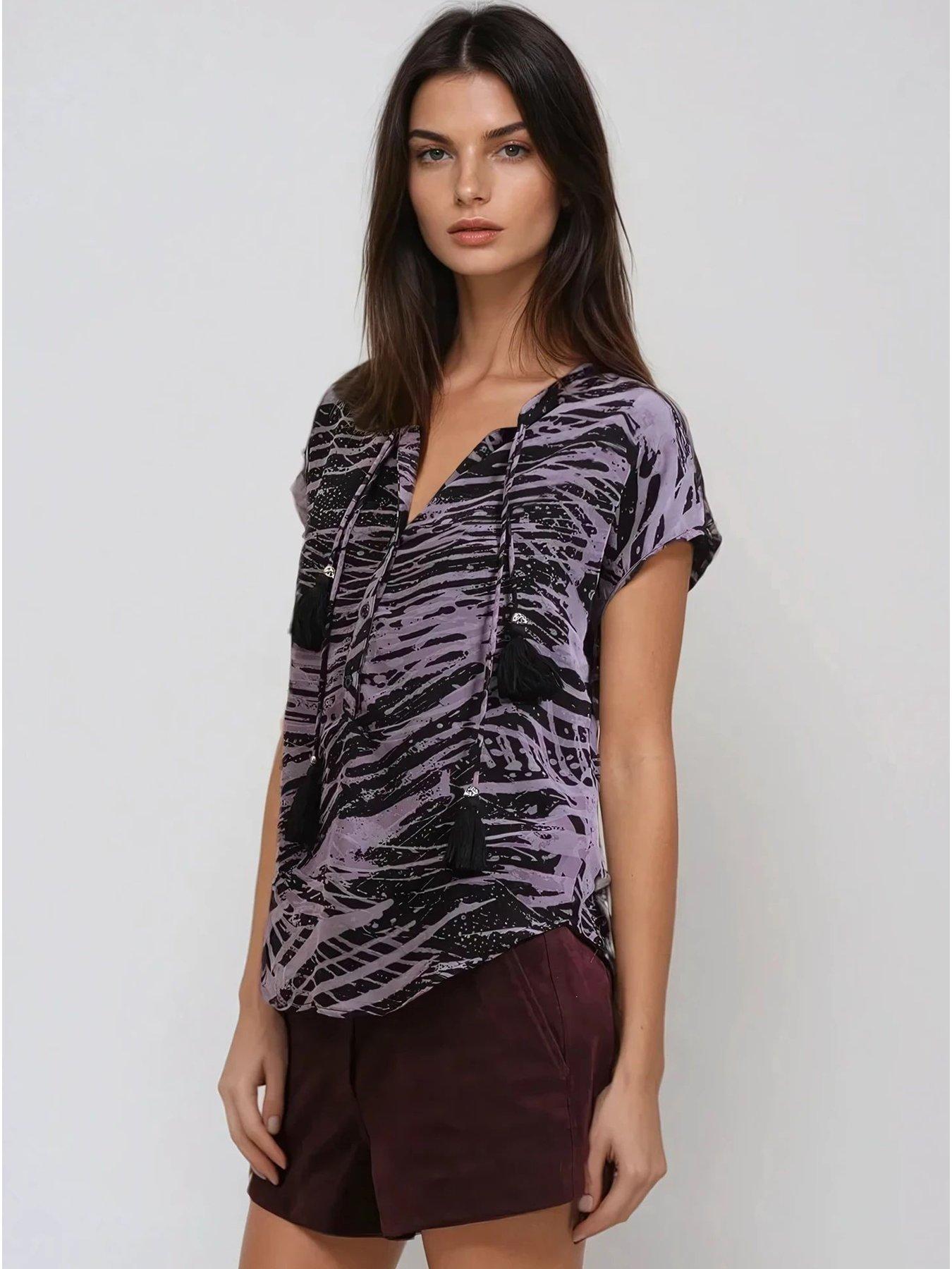 Religion Diamond Cap Sleeve Tassel Décor Shirt - Purple