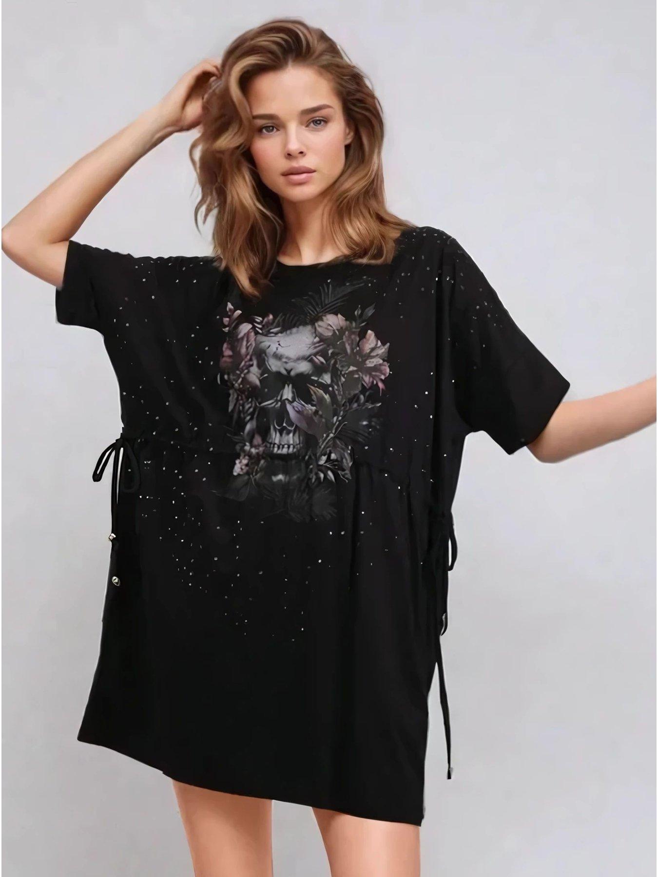 Religion Topaz Jersey Beaded Skull Tunic Dress - Black