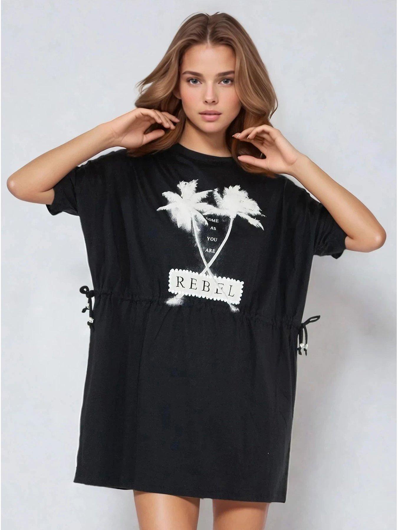 Religion Topaz Jersey Beaded Rebel Graphic Tunic Dress - Black