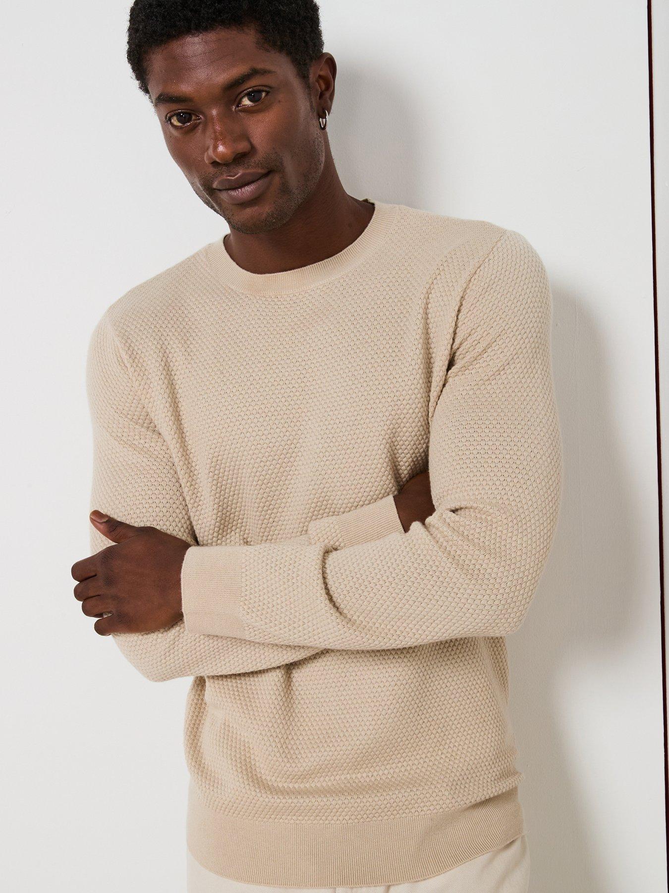Image 1 of 6 of Very Man Textured Crew Neck Jumper With Wool - Beige