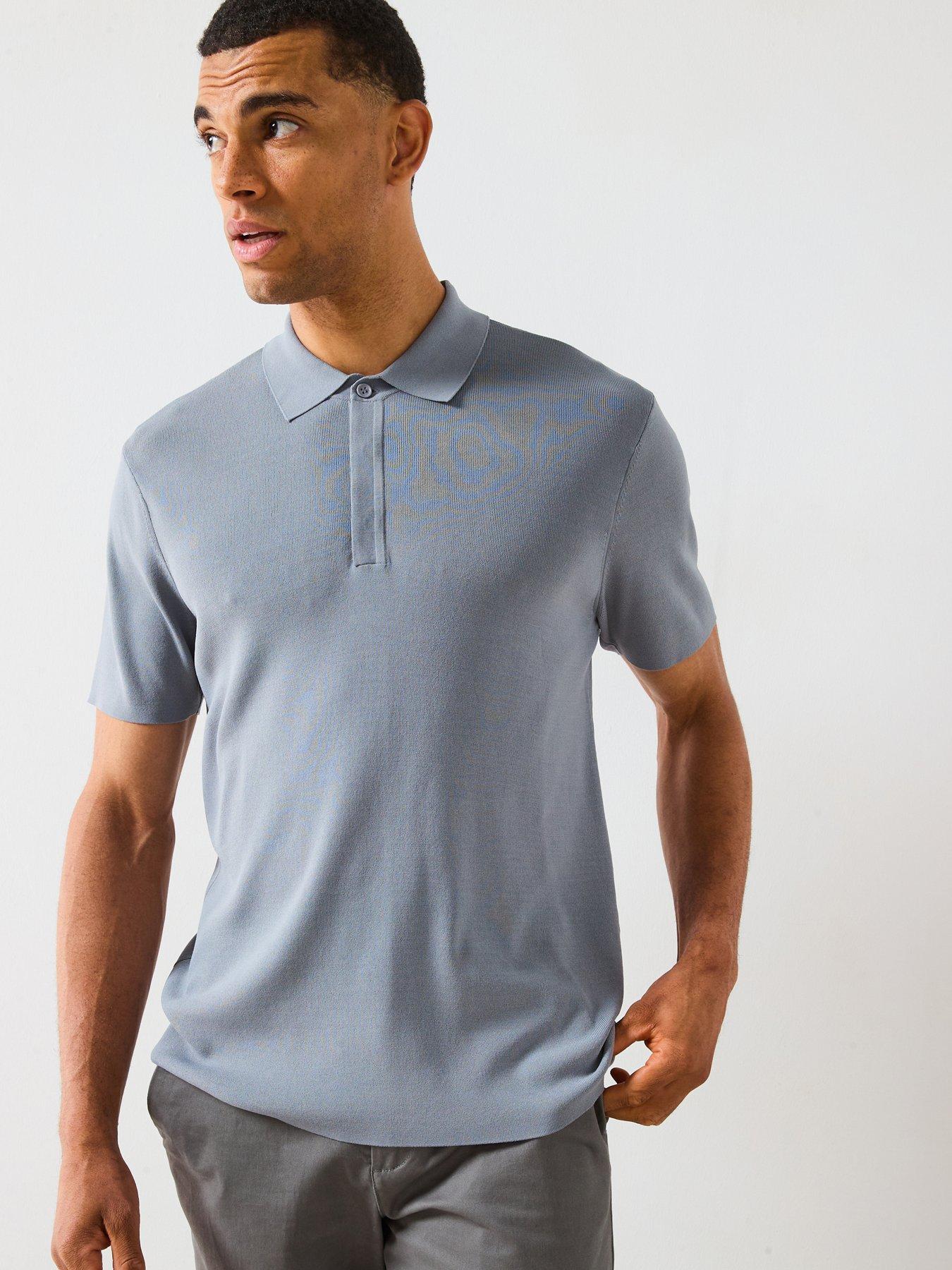 Very Man Knitted Rib Short Sleeve Polo Top - Light Blue
