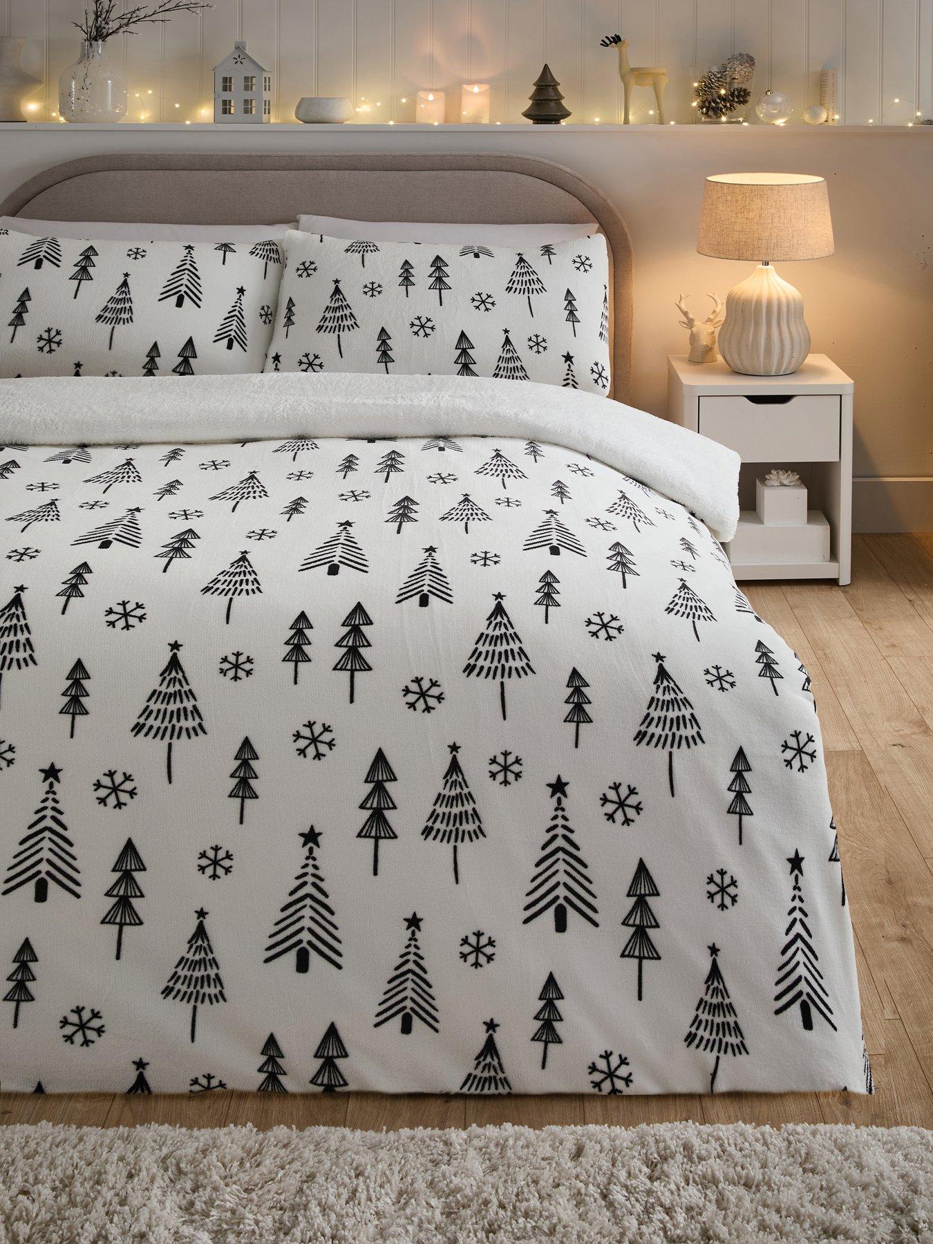 Image 1 of 5 of The Very Collection Scandi Tree Mono Printed Fleece Christmas Duvet Cover&nbsp;Set