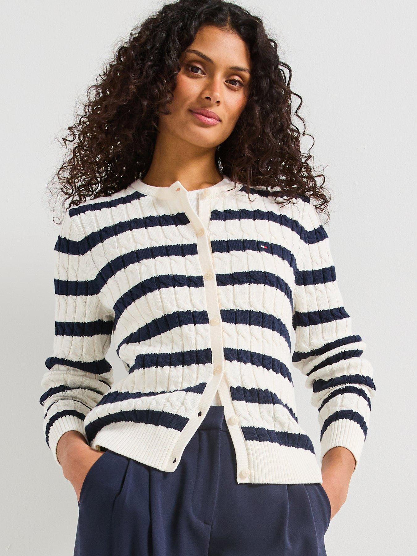 undefined Long Sleeve Cable Knit Striped Cardigan - White