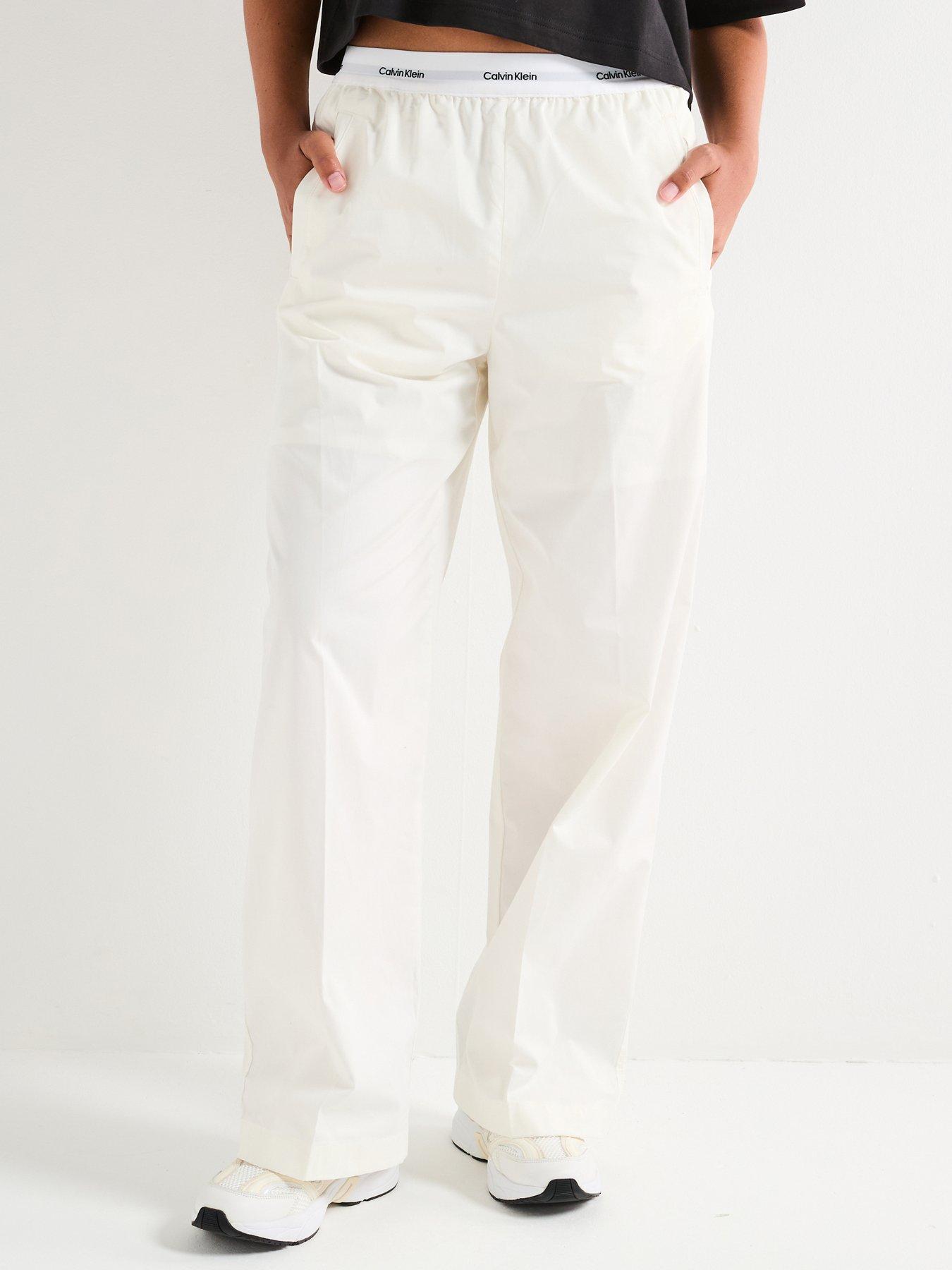 Calvin Klein Jeans Logo Waistband Relaxed Cotton Pants - White