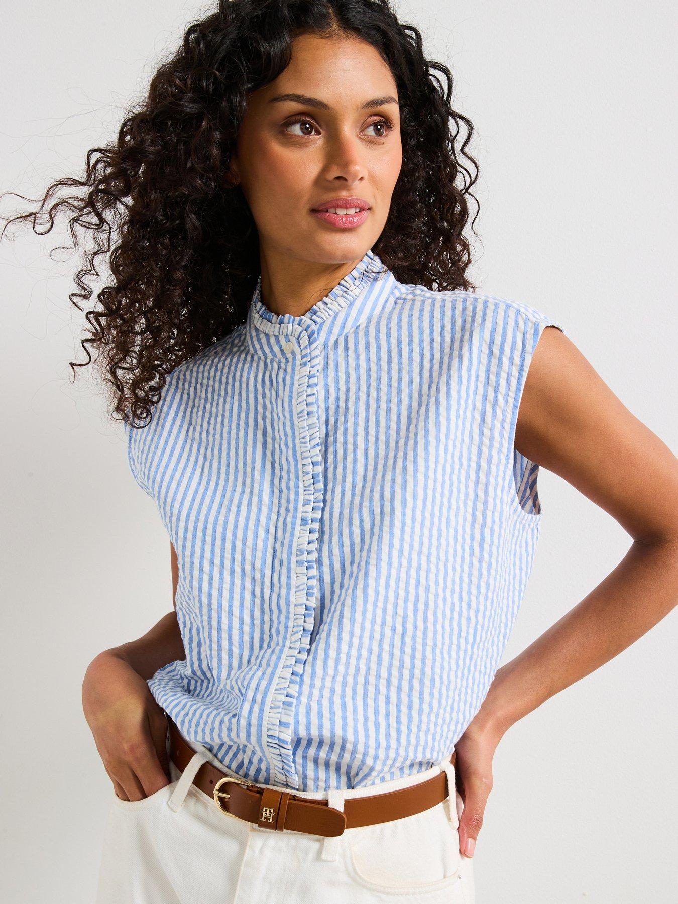 undefined Seersucker Sleeveless Ruffle Shirt - Blue