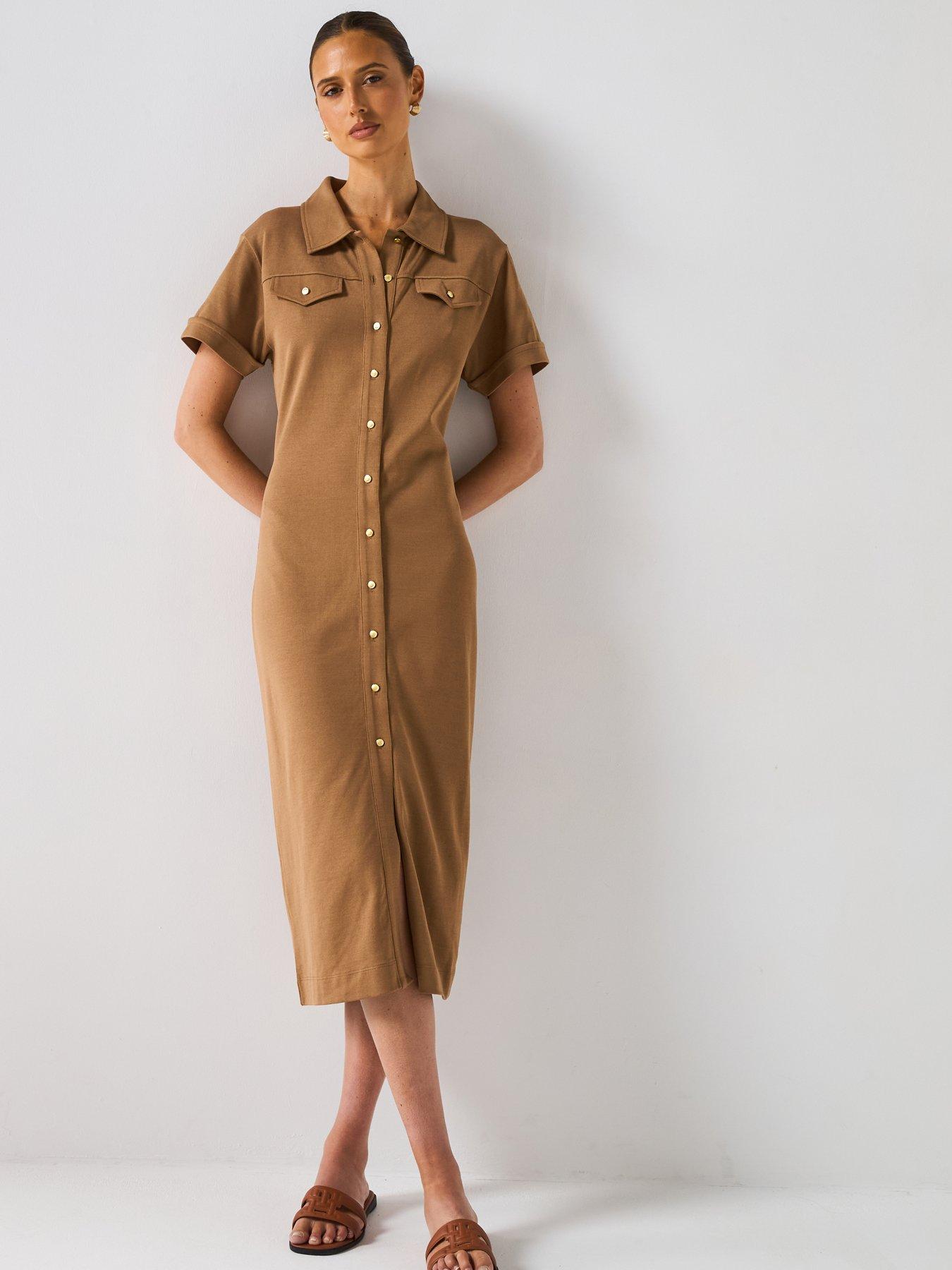Tommy Hilfiger Short Sleeve Gold Button Midi Shirt Dress - Brown