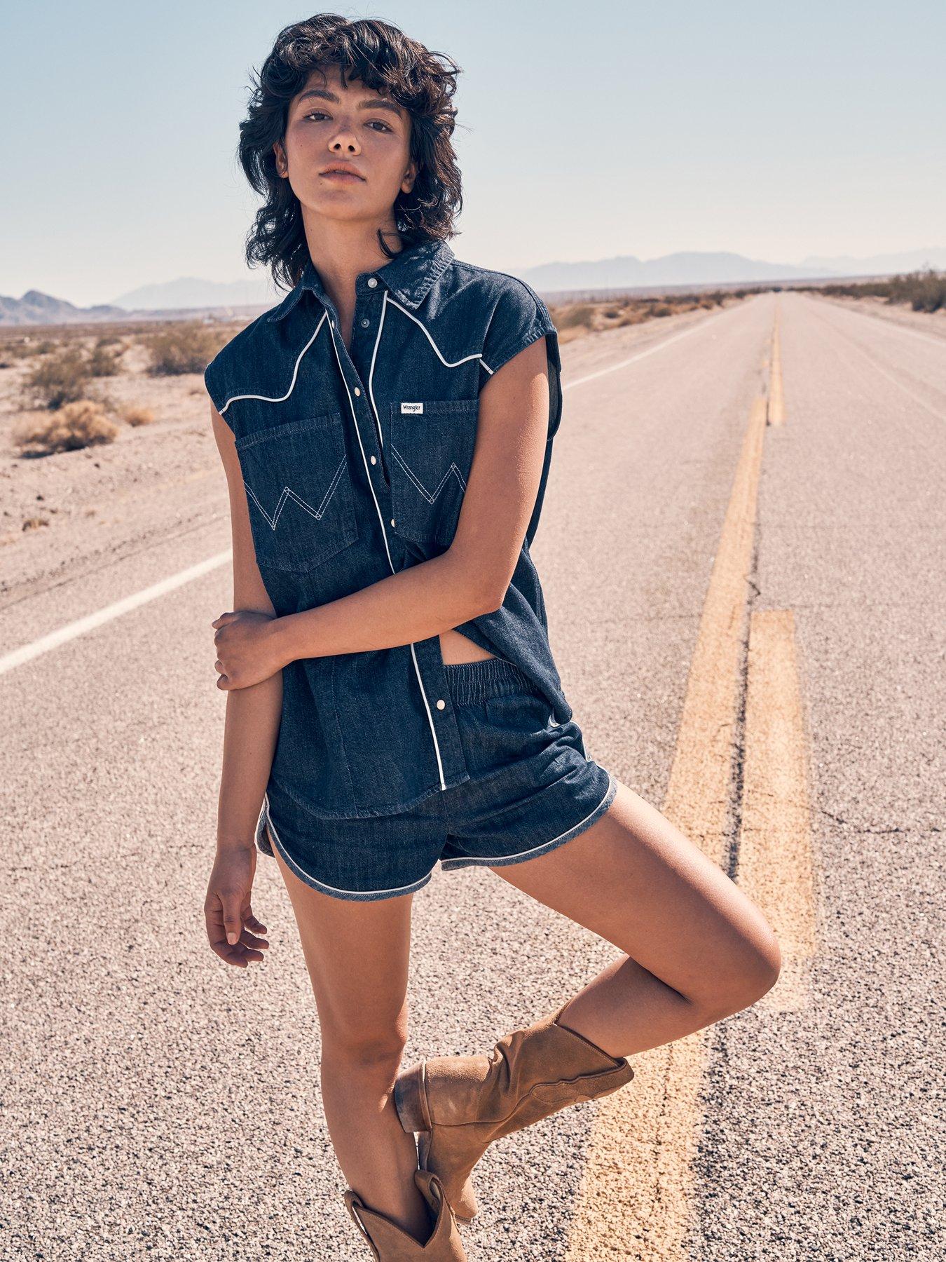 Image 1 of 6 of Wrangler Sleeveless Denim Shirt- Blue