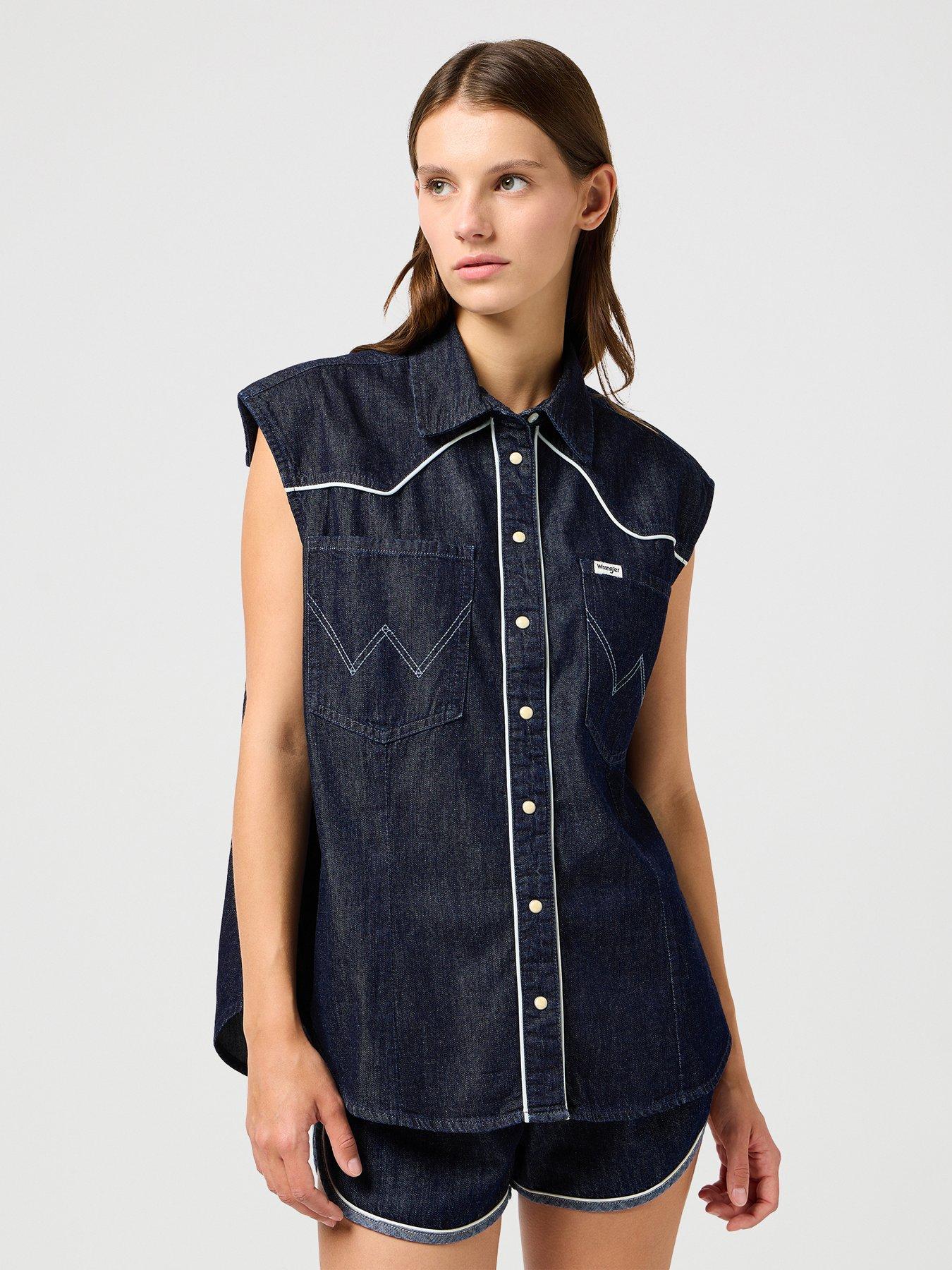 Image 6 of 6 of Wrangler Sleeveless Denim Shirt- Blue