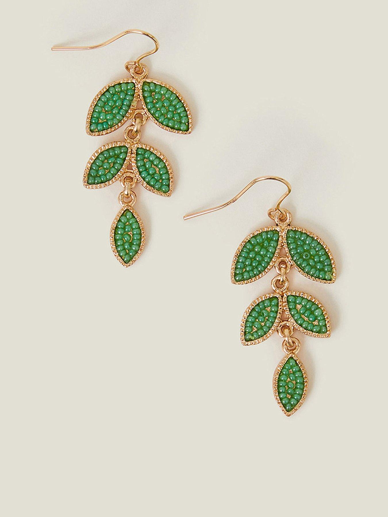 Image 1 of 3 of Accessorize Beaded Leaf Drop Earrings Green