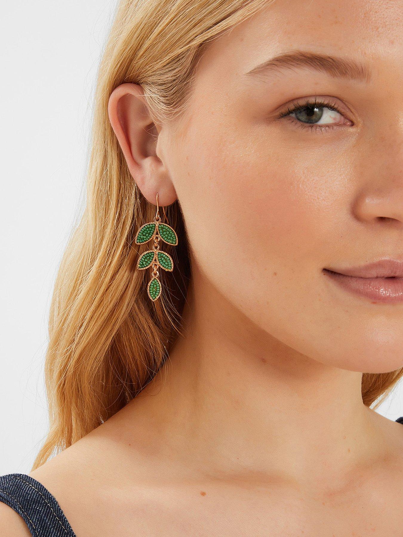 Image 2 of 3 of Accessorize Beaded Leaf Drop Earrings Green