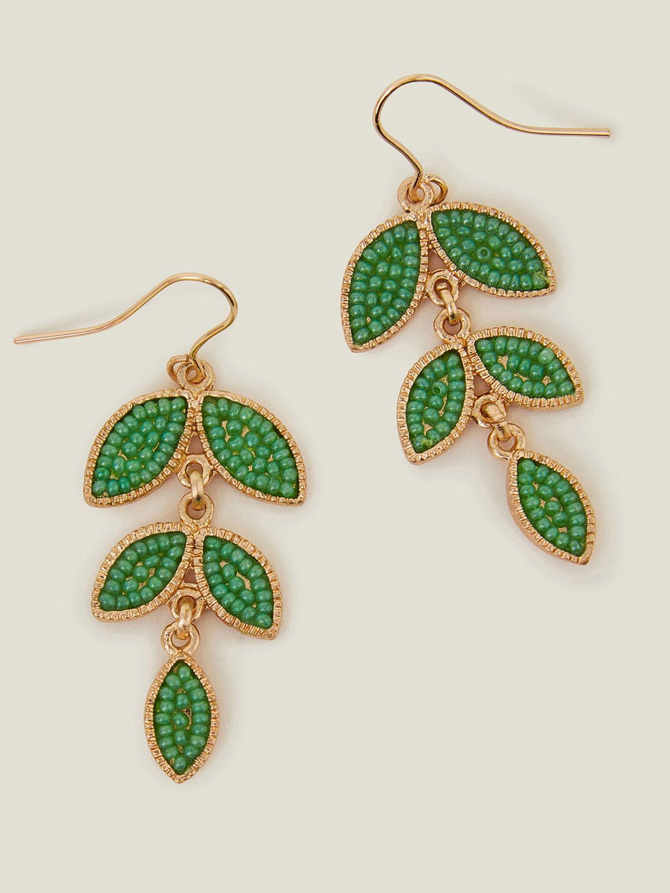 Image 3 of 3 of Accessorize Beaded Leaf Drop Earrings Green