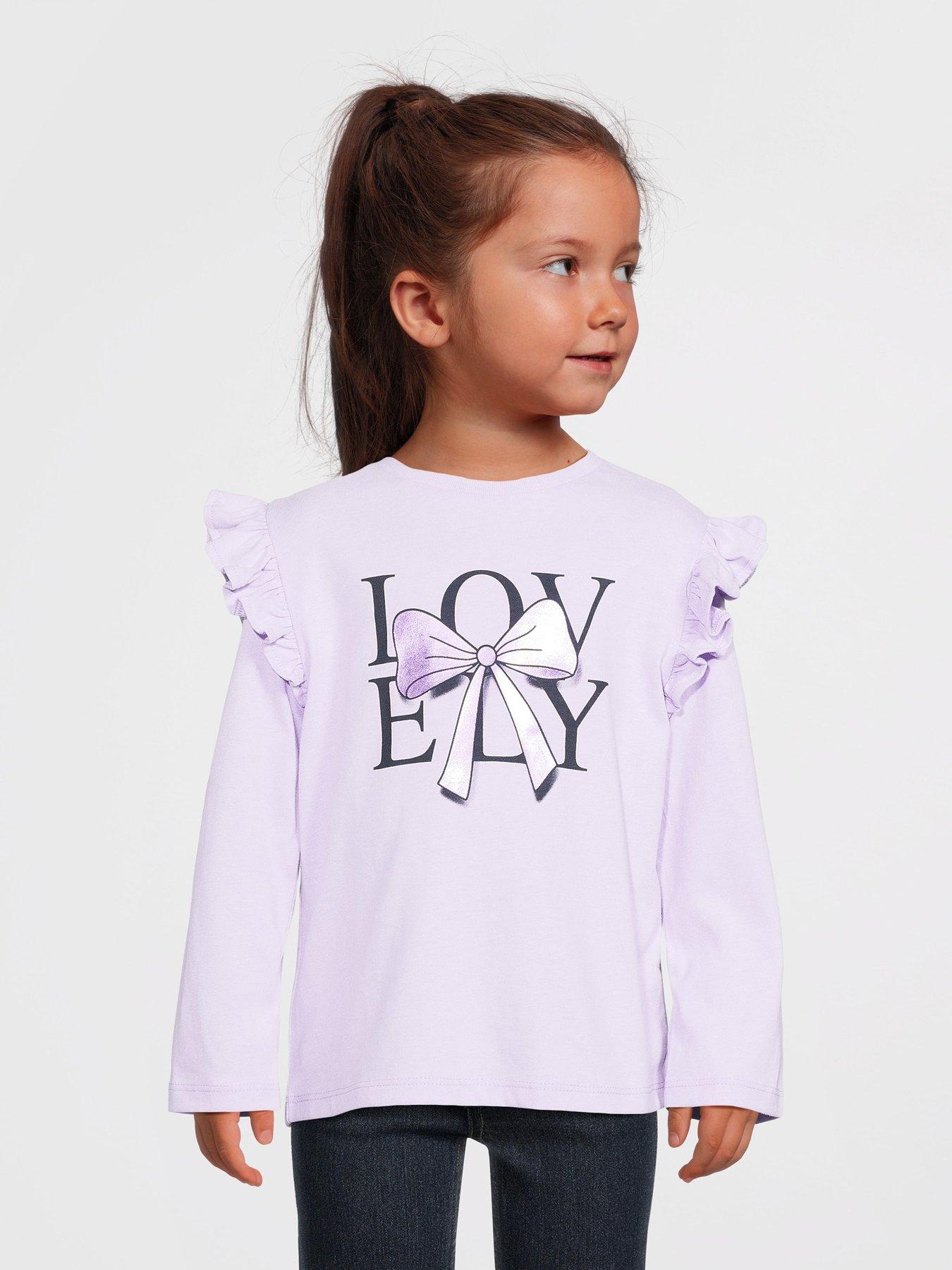 Mini V by Very Girls Foil Bow Print Long Sleeve Frill Shoulder Tshirt - Purple