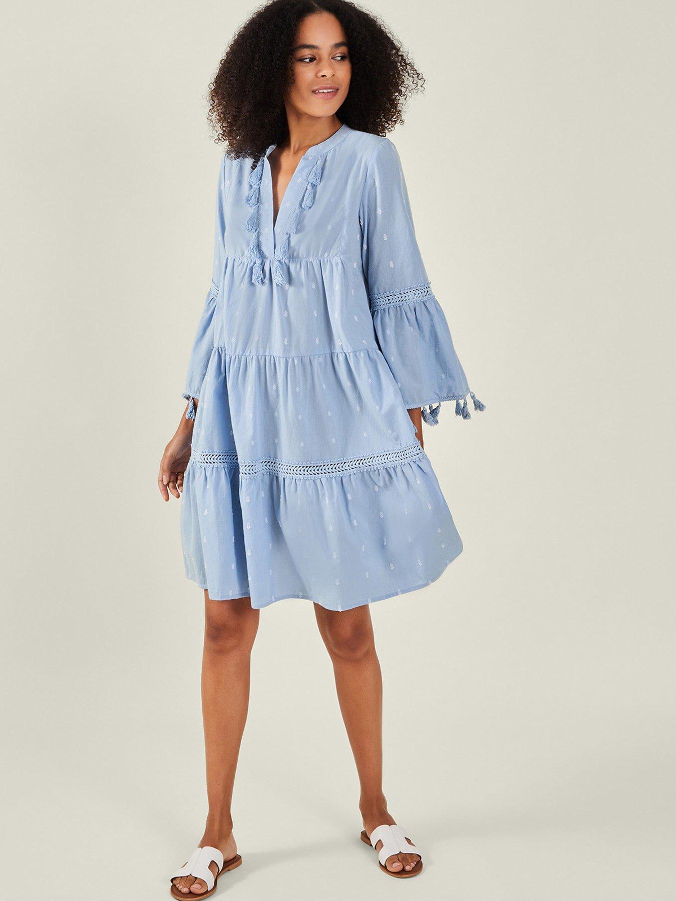 Image 1 of 4 of Accessorize Dobby Tassel Flute Shoulder Dress - Blue