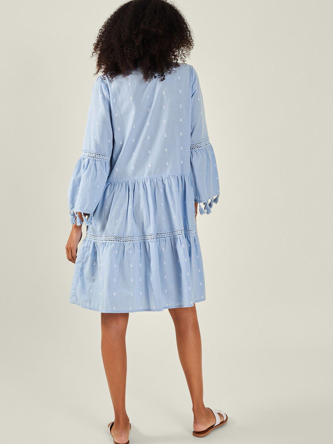 Image 2 of 4 of Accessorize Dobby Tassel Flute Shoulder Dress - Blue