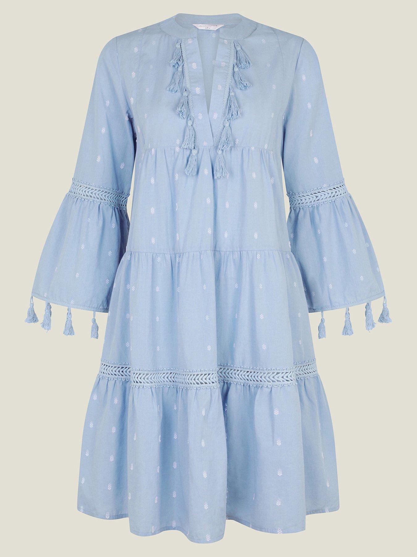 Image 3 of 4 of Accessorize Dobby Tassel Flute Shoulder Dress - Blue