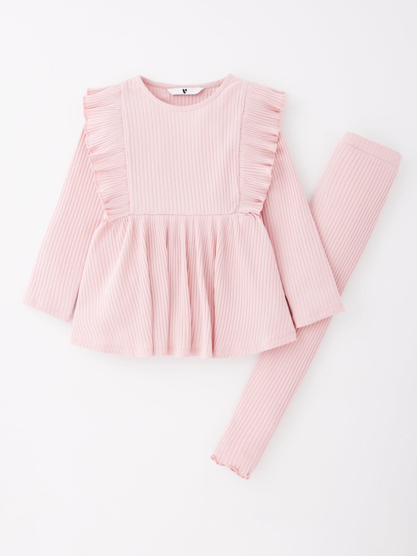 Mini V by Very Girls Rib Peplum Hem And Frill Shoulder Long Sleeve Top And Legging Set - Pink