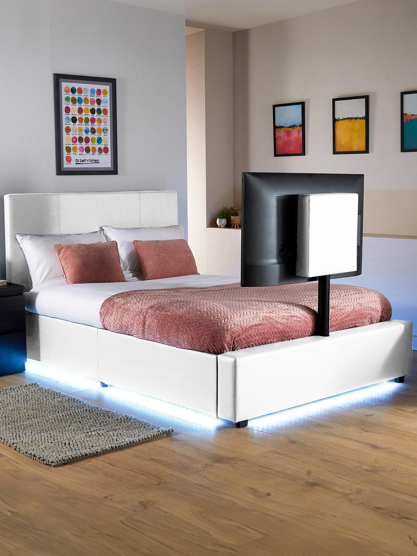 undefined Ava Upholstered TV Bed with Under Bed Lighting - fits up to 55 inch TV - White