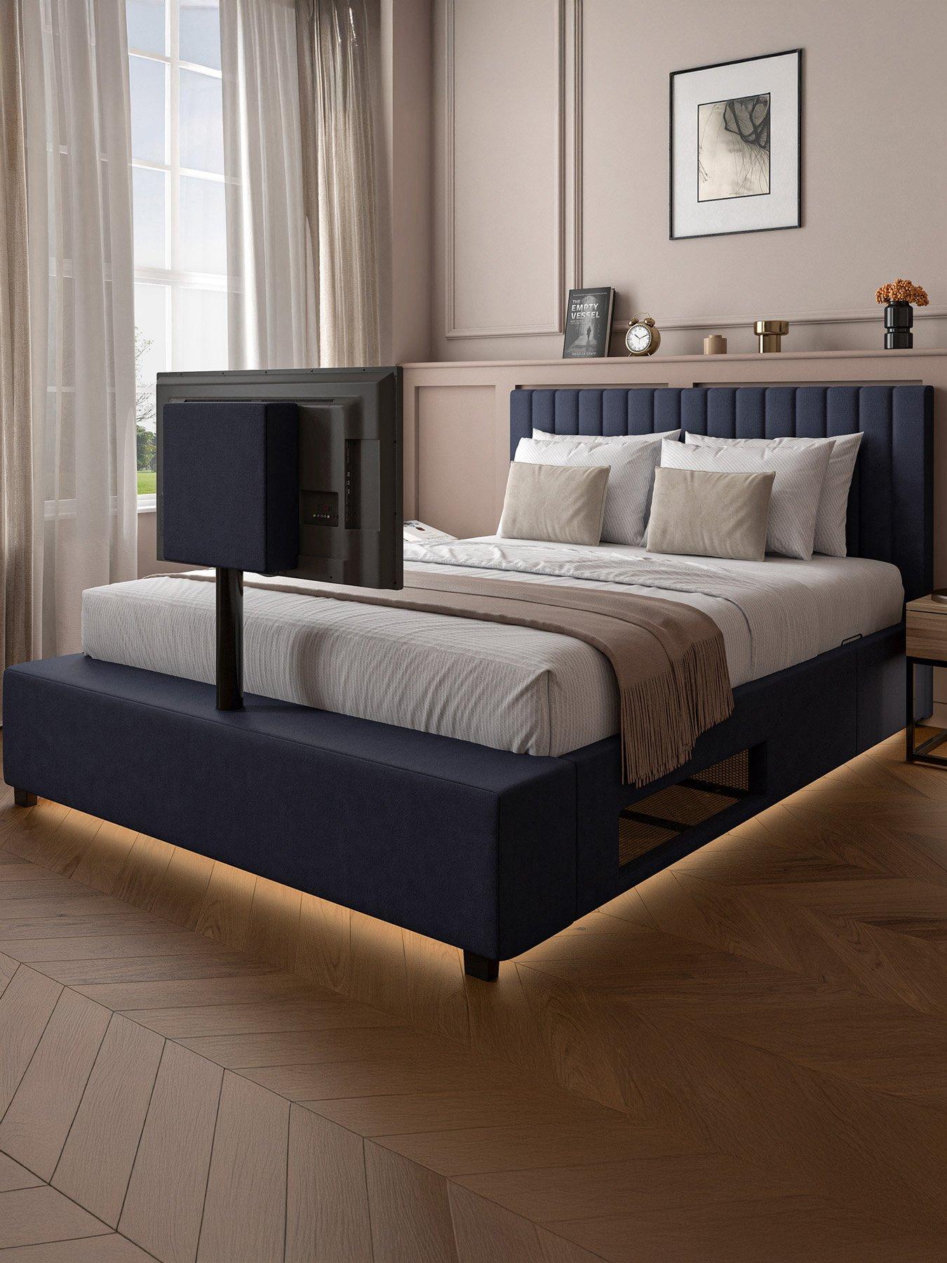 xr-living-maisie-upholstered-velvet-ottoman-tv-bed-with-under-frame-led-lights-navy