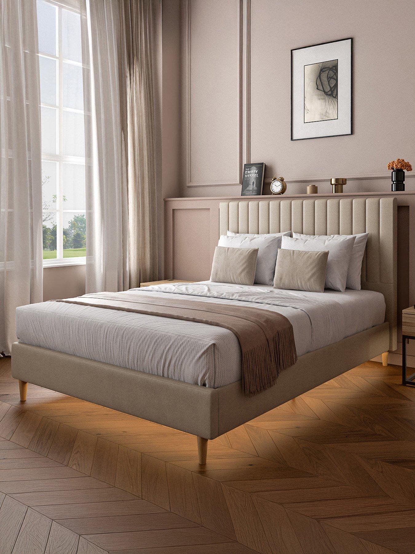 xr-living-maisie-velvet-bed-frame-with-under-frame-led-lights-natural-stone