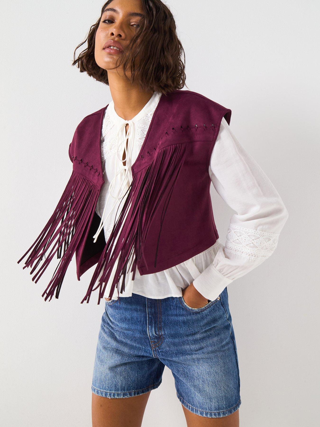 V by Very Suedette Fringe Vest - Plum