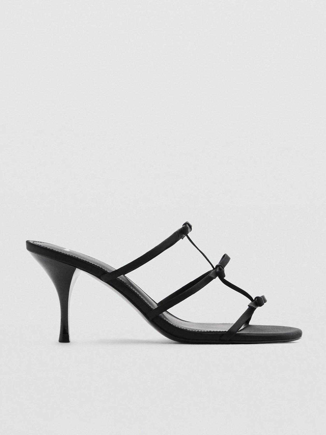 Image 1 of 6 of Mango Strappy Heeled Sandals With Bow Detail - Black