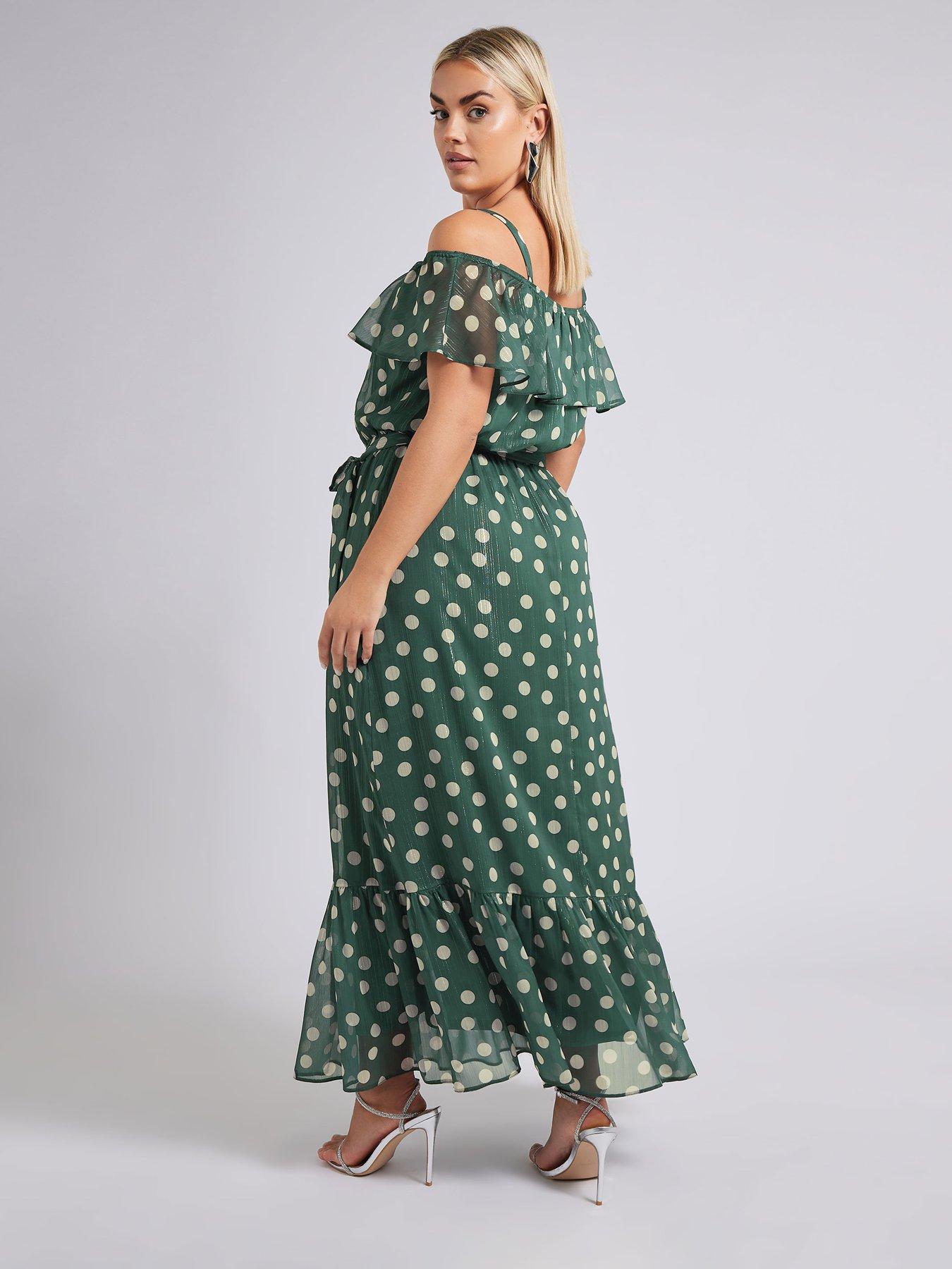 yours-curve-polka-dot-ruffle-maxi-dress-greenstillFront