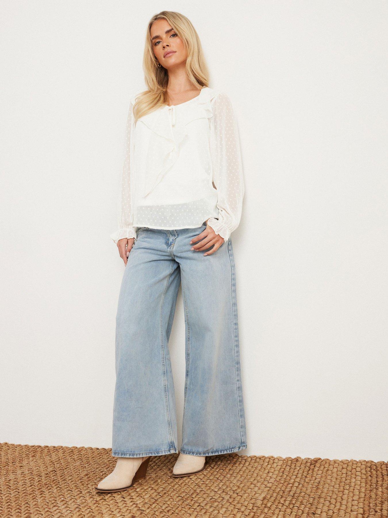 Image 2 of 3 of PixieGirl Petite Dobby Frill Long Sleeve Blouse - Ivory