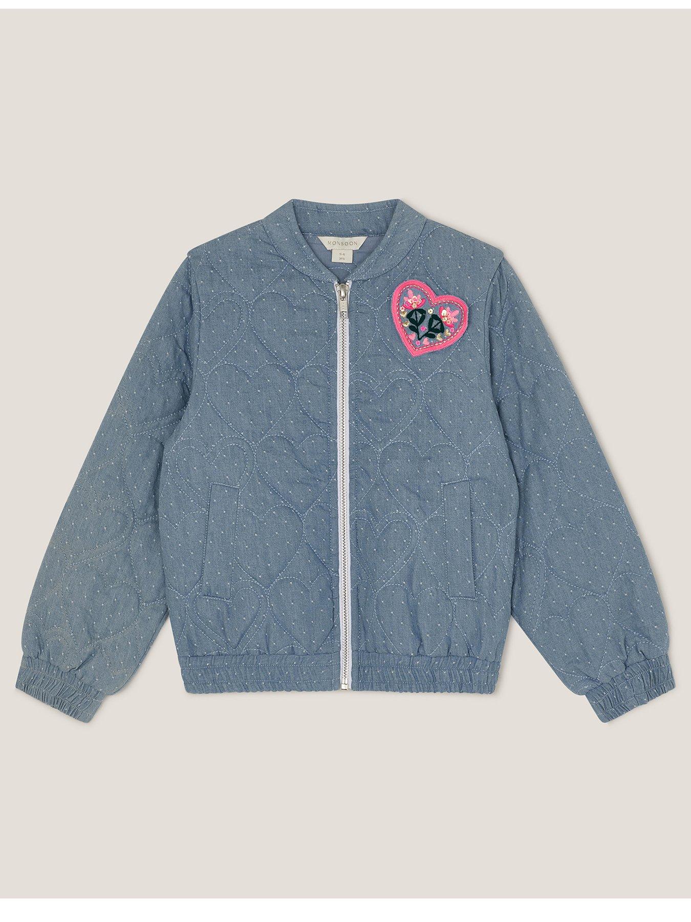 Image 1 of 3 of Monsoon Girls Heart Quilted Chambray Bomber Jacket - Blue