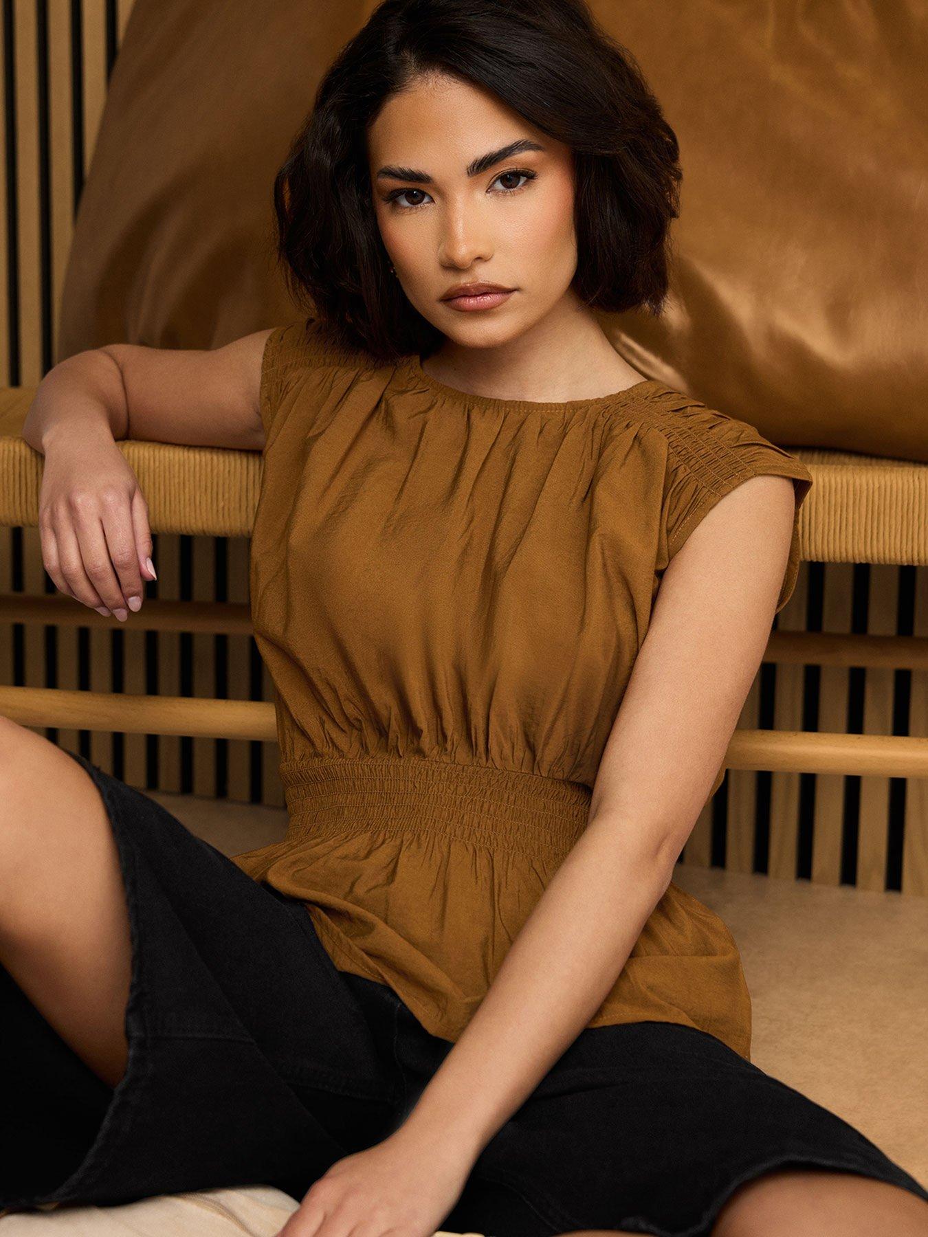 undefined Petite Shirred Waist Sleeveless Top - Brown