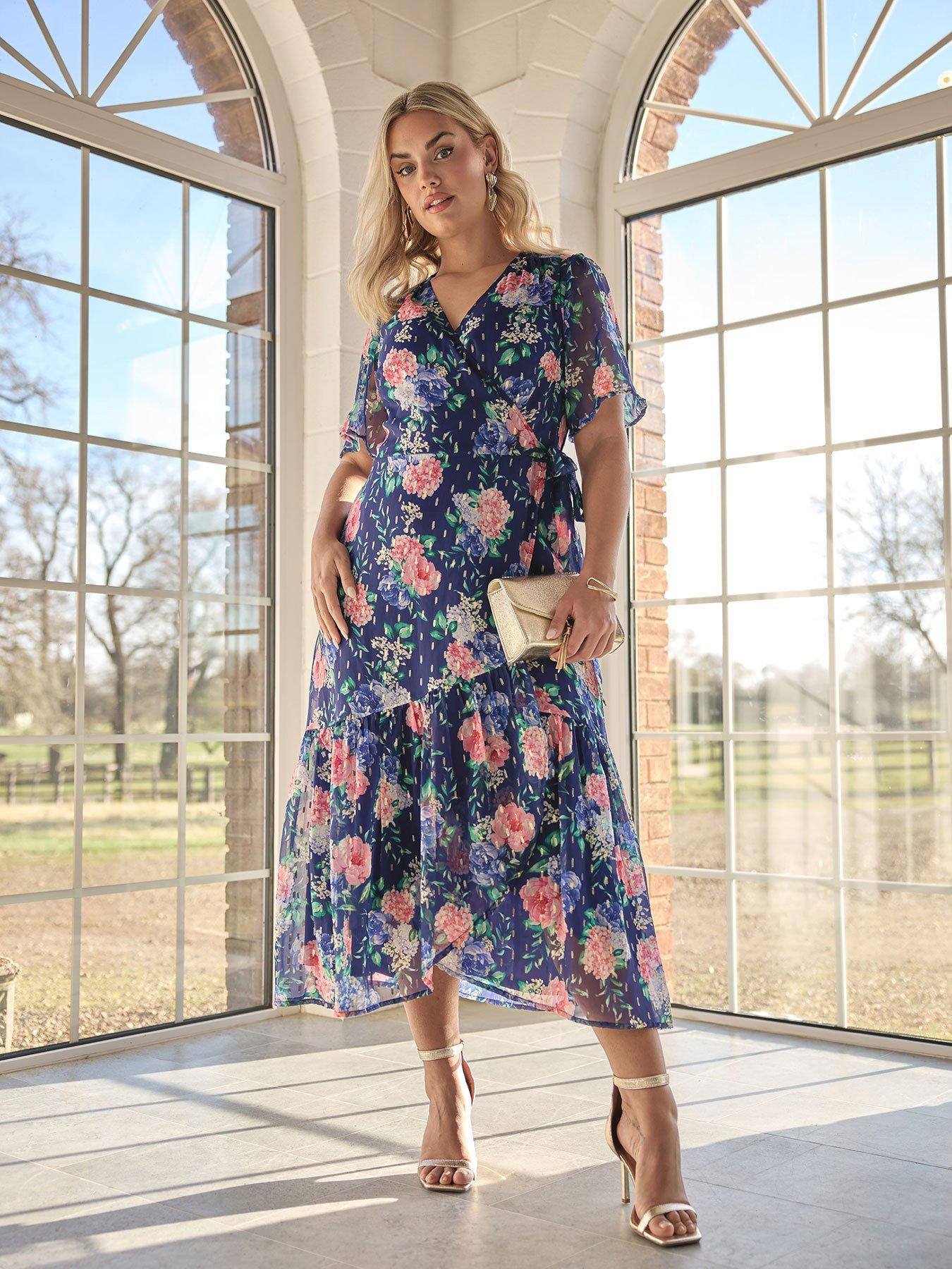 Image 1 of 4 of Yours Curve Floral Metallic Wrap Dress