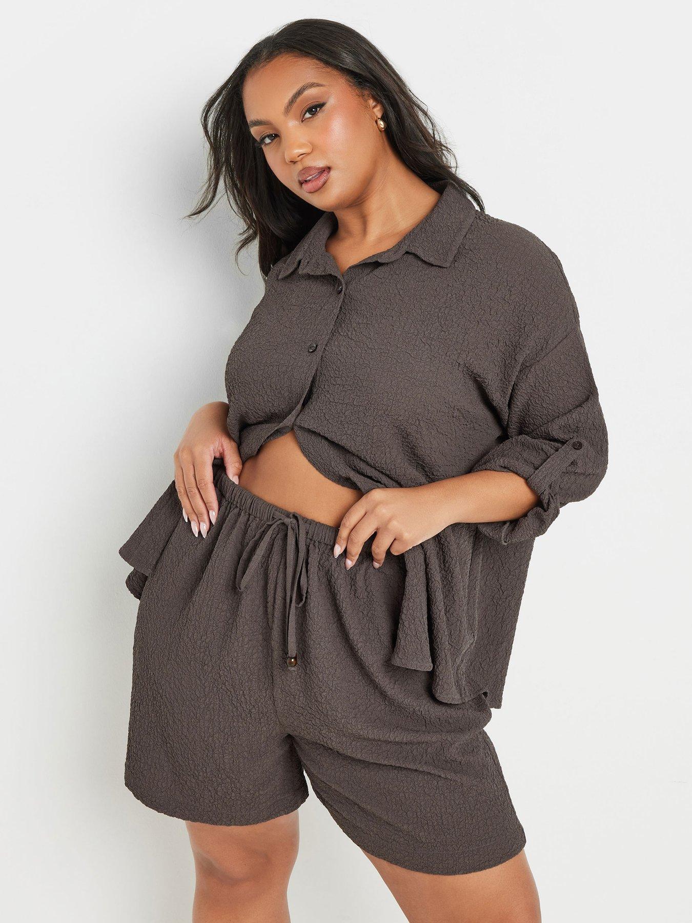 Image 1 of 4 of Yours Curve Textured Short Co-Ord - Brown